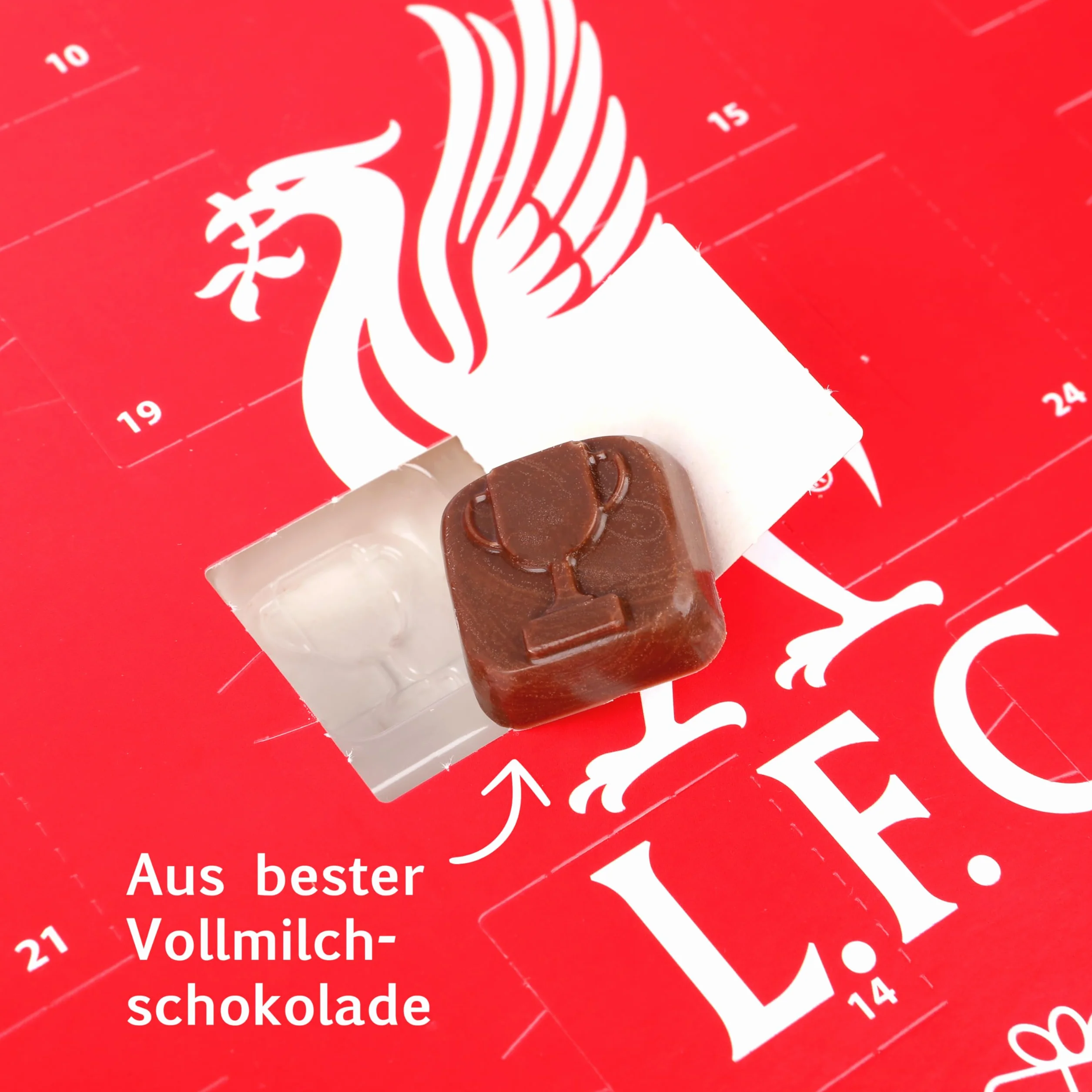 Gunz Calendario de adviento de chocolate del Liverpool FC de comercio justo, calendario de Navidad con 24 sorpresas de chocolate (120 g) + postal en la parte posterior – Regalo de Adviento para