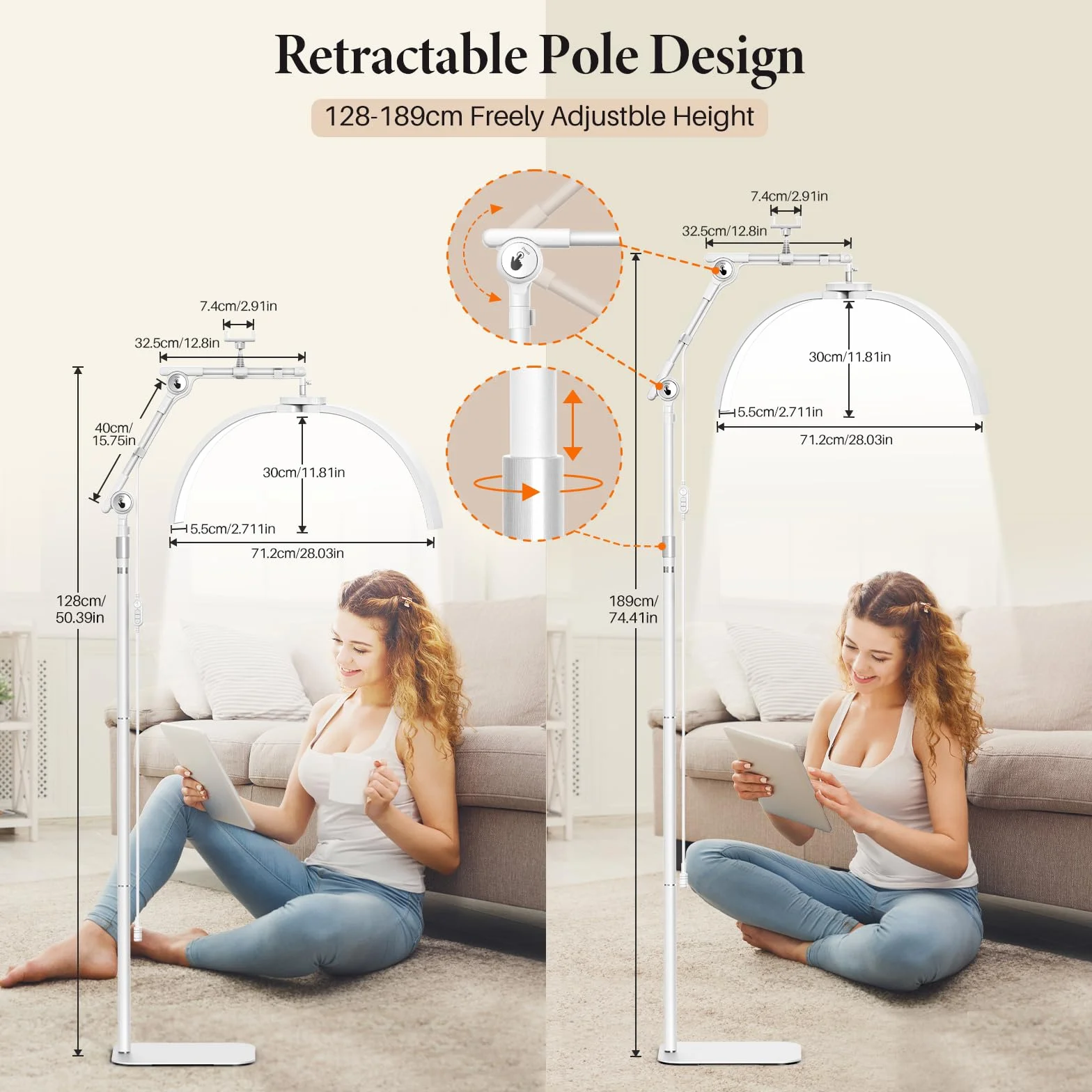 Lampara LED de pie para Pestañas 28" Plegable 3 Temperaturas de Color Cabezal Giratorio 360° Soporte Cuidado Piel Tatuaje Blanco