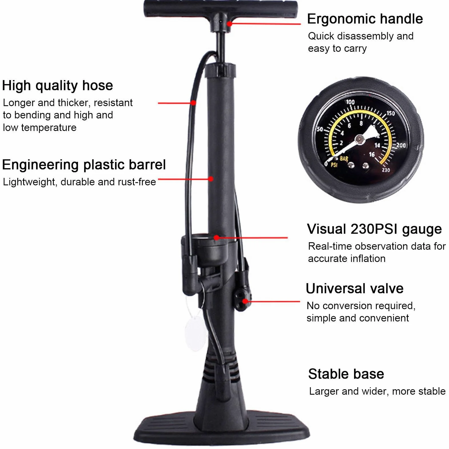 Bomba de Bicicleta con Manómetro, Alta Presión, Compatible con Válvulas Presta y Schrader - Bomba de Neumáticos de Bicicleta para Bicicleta de Carretera, MTB, Híbrida, Balones…