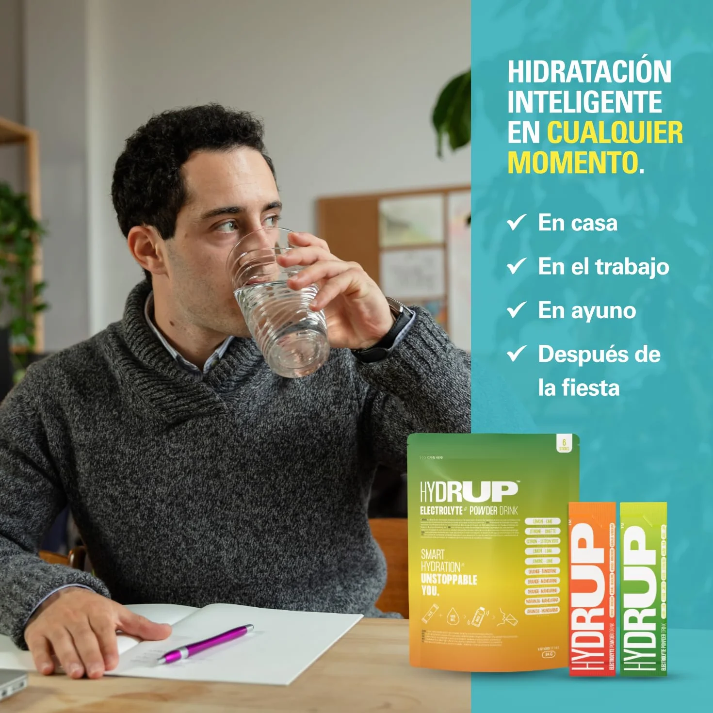 Electrolitos Sin Azucar en Polvo 1733 mg Hidratacion Naranja-Mandarina Lima-Limon Vitaminas Minerales 6 Unidades