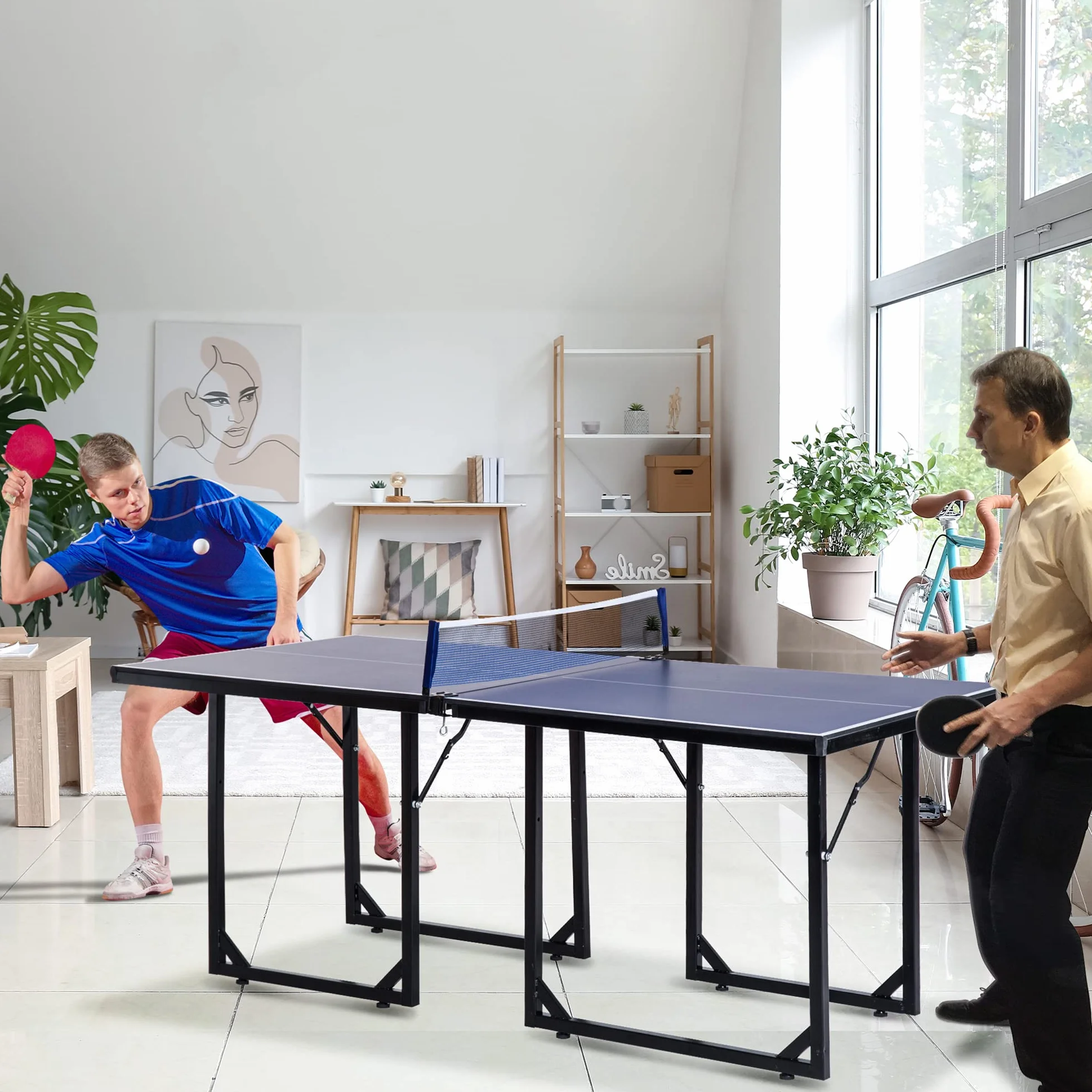 HOMCOM Mesa de Ping-Pong Plegable 182x91cm Resistente a la Intemperie Marco de Acero con Red para Interior