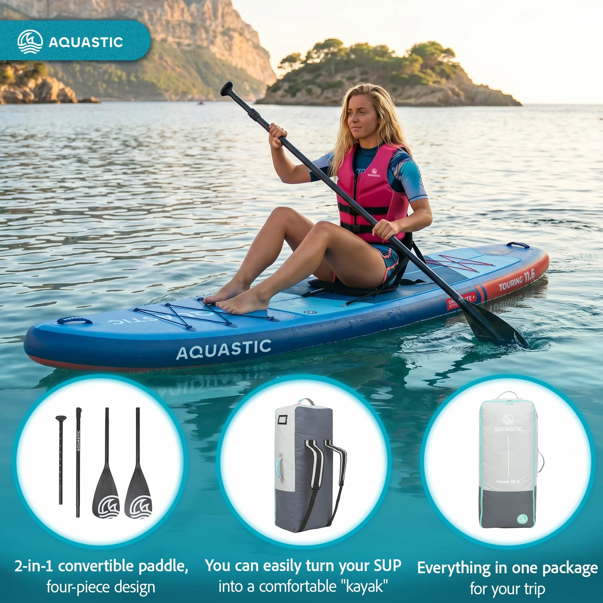 AQUASTIC Touring - Tabla Hinchable, 350 cm, con Asiento de Kayak, Remo, Bomba y Mochila