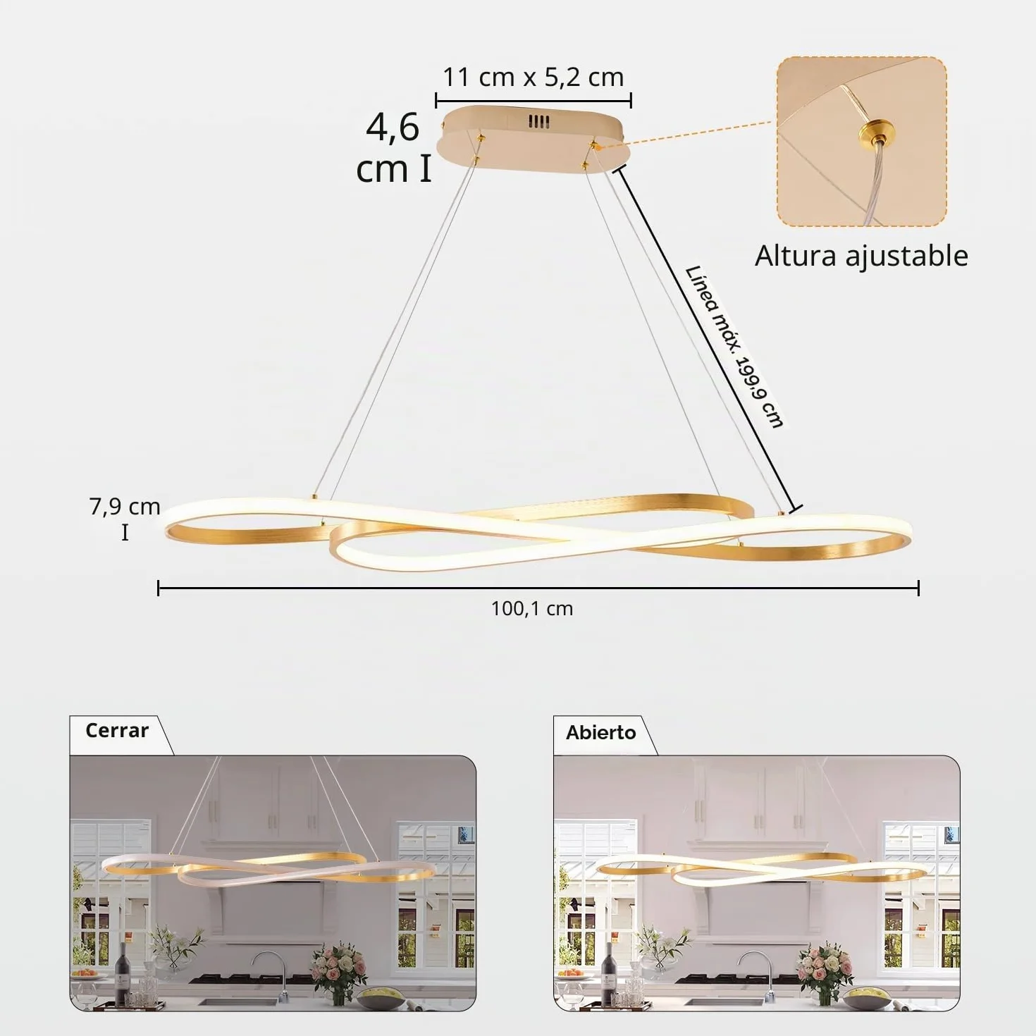 Lámpara de Araña LED Dorada 100 cm Altura Ajustable para Isla de Cocina