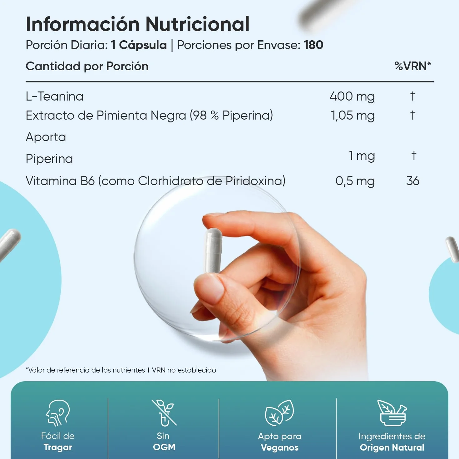 L Teanina 400mg con Vitamina B6 y Pimienta Negra - 180 Cápsulas Veganas de Té Verde y Negro