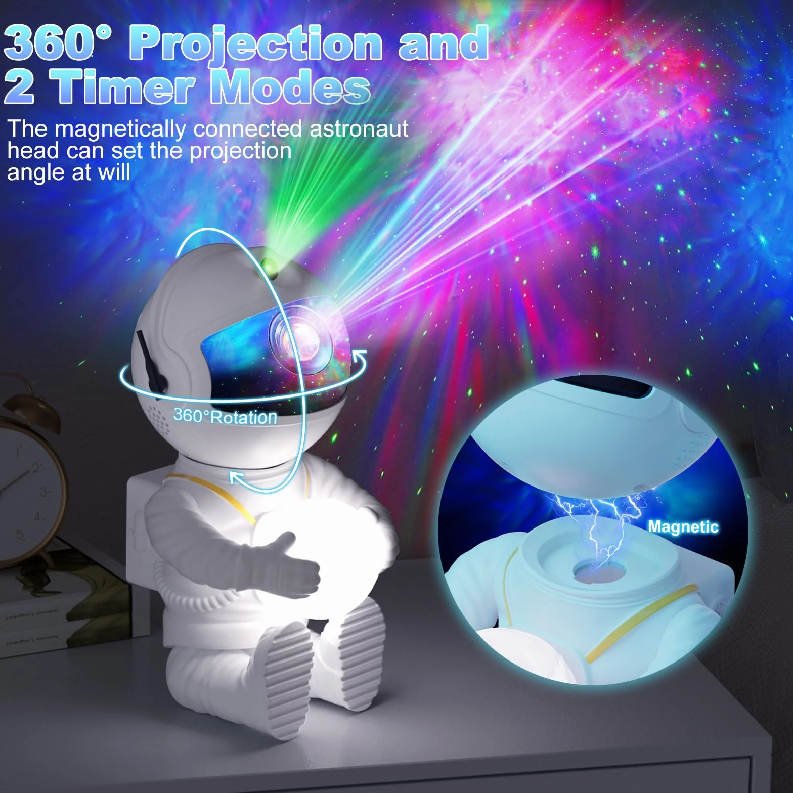 Feliigo Proyector Estrellas LED Astronauta Galaxy 8 Modos Iluminación Rotación 360° Mando Distancia Luz Nocturna Infantil