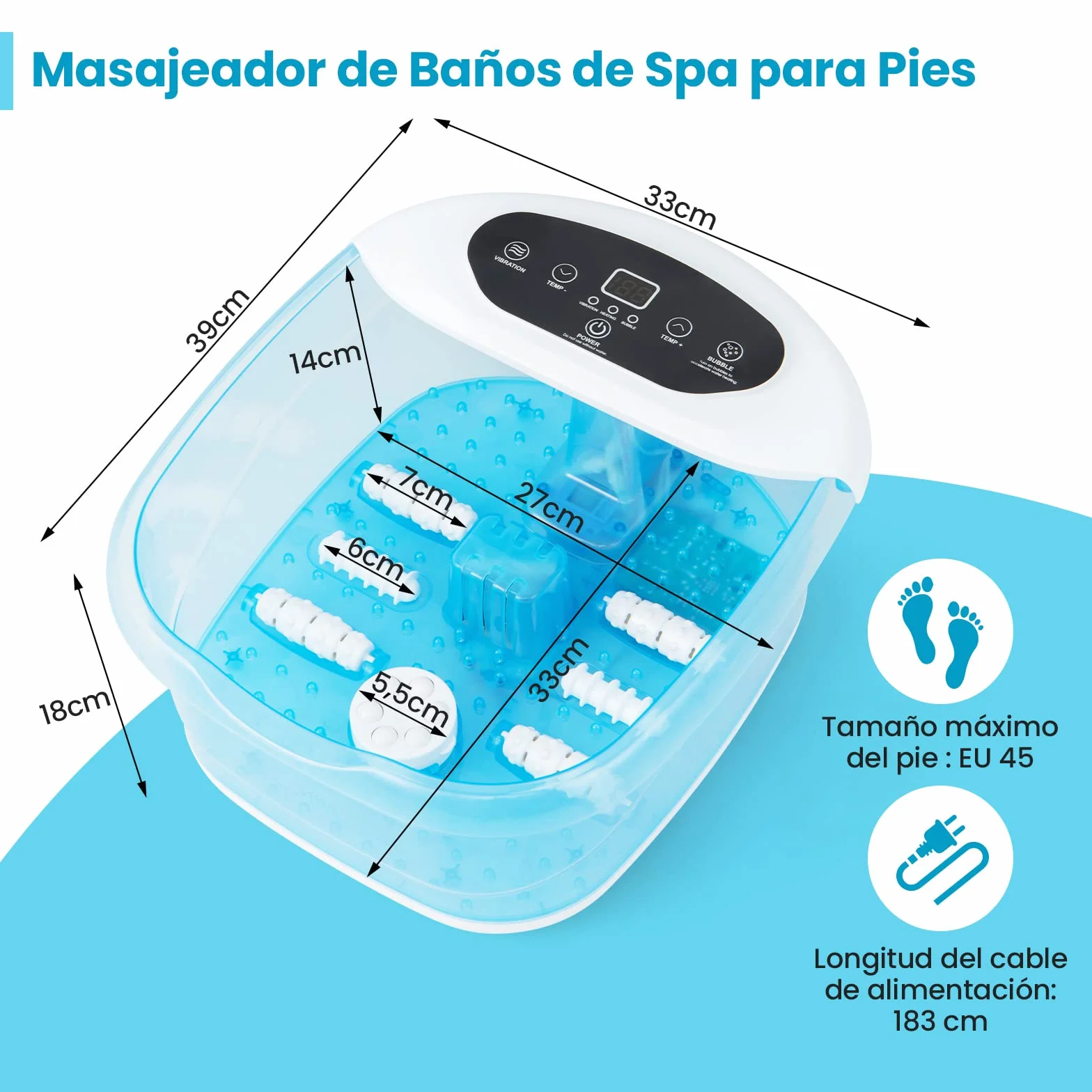 COSTWAY Masajeador de Pies con Calor, Burbujas y Vibración, Pediluvio Eléctrico Azul