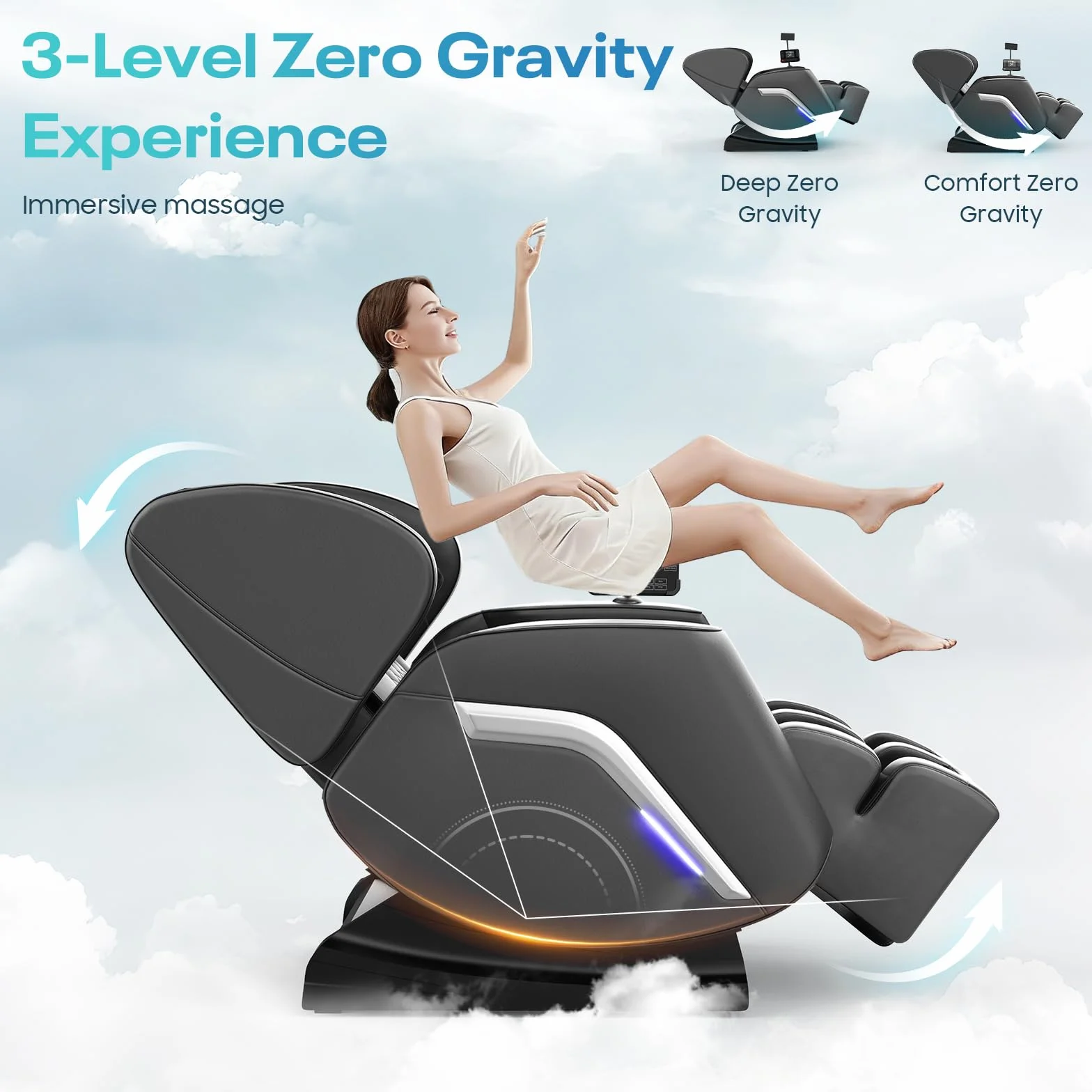 Sillón de Masaje con Calor, 14 Rodillos, 9 Bolsas de Aire, Masaje de Pies, Bluetooth, Control por Teléfono, Panel Táctil, Reclinable Gravedad Cero