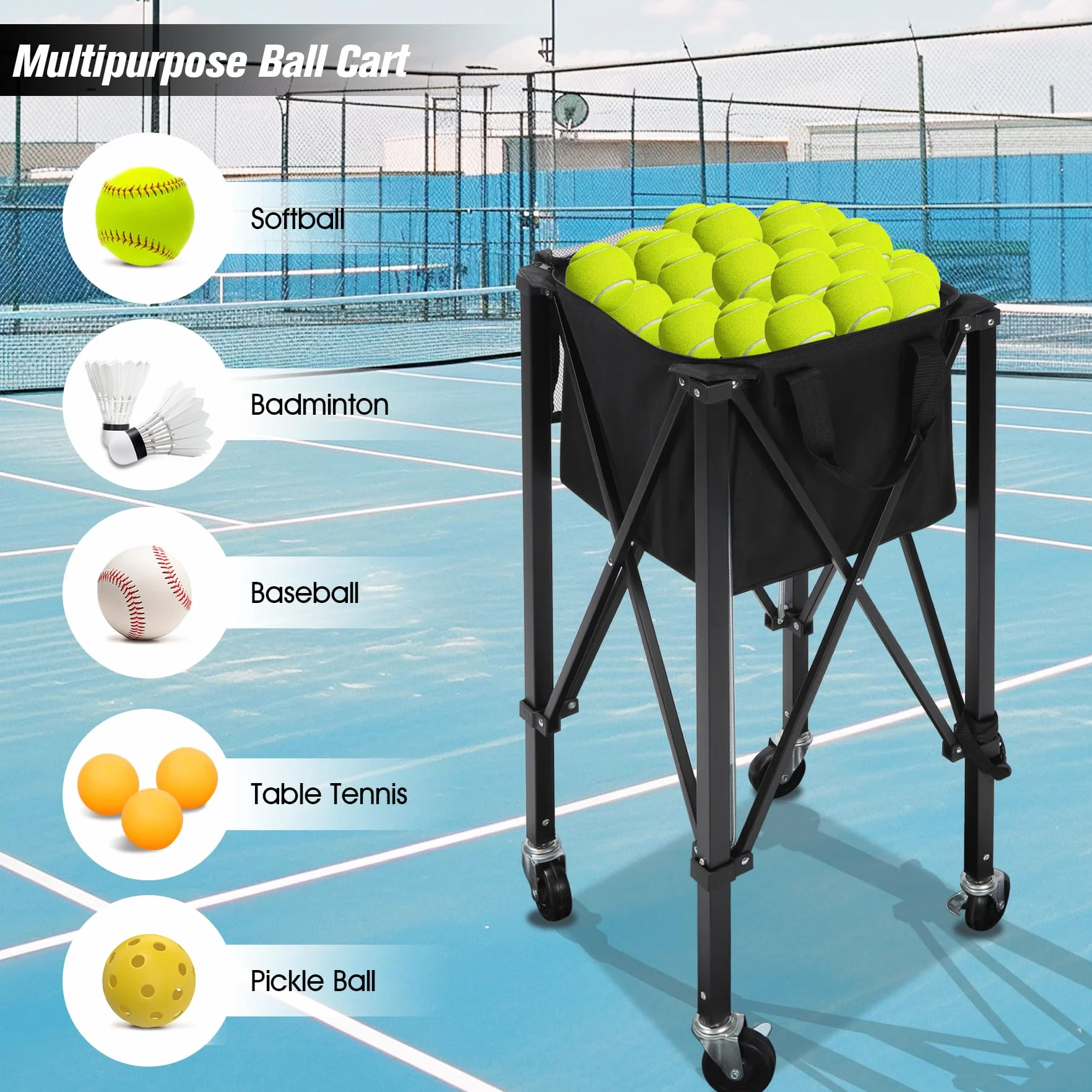 Carro de pelotas de tenis plegable para 180 pelotas, con ruedas de seguridad