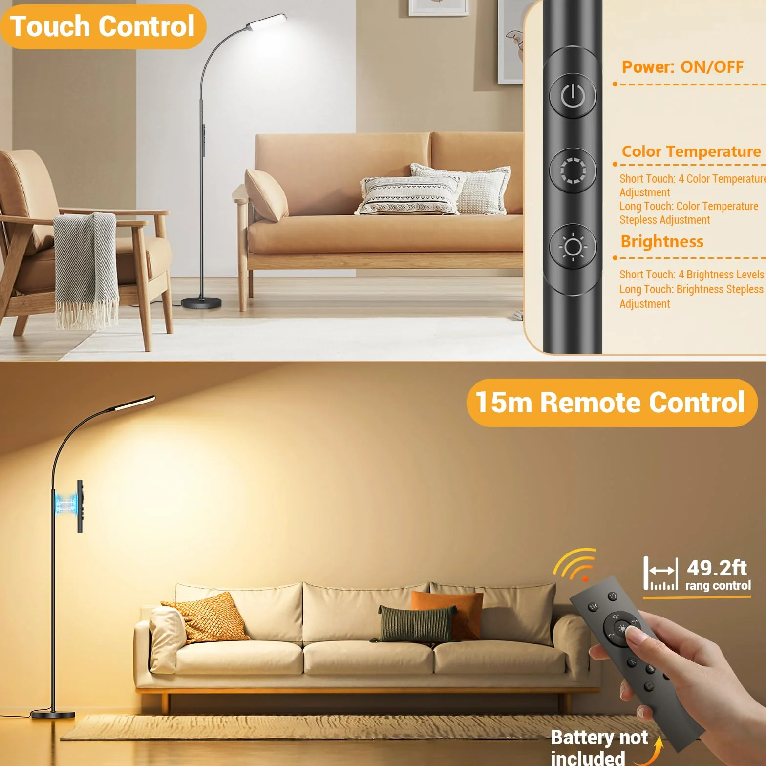 Lámpara de Pie LED Regulable 18W 1200LM Negro con Mando y Control Táctil