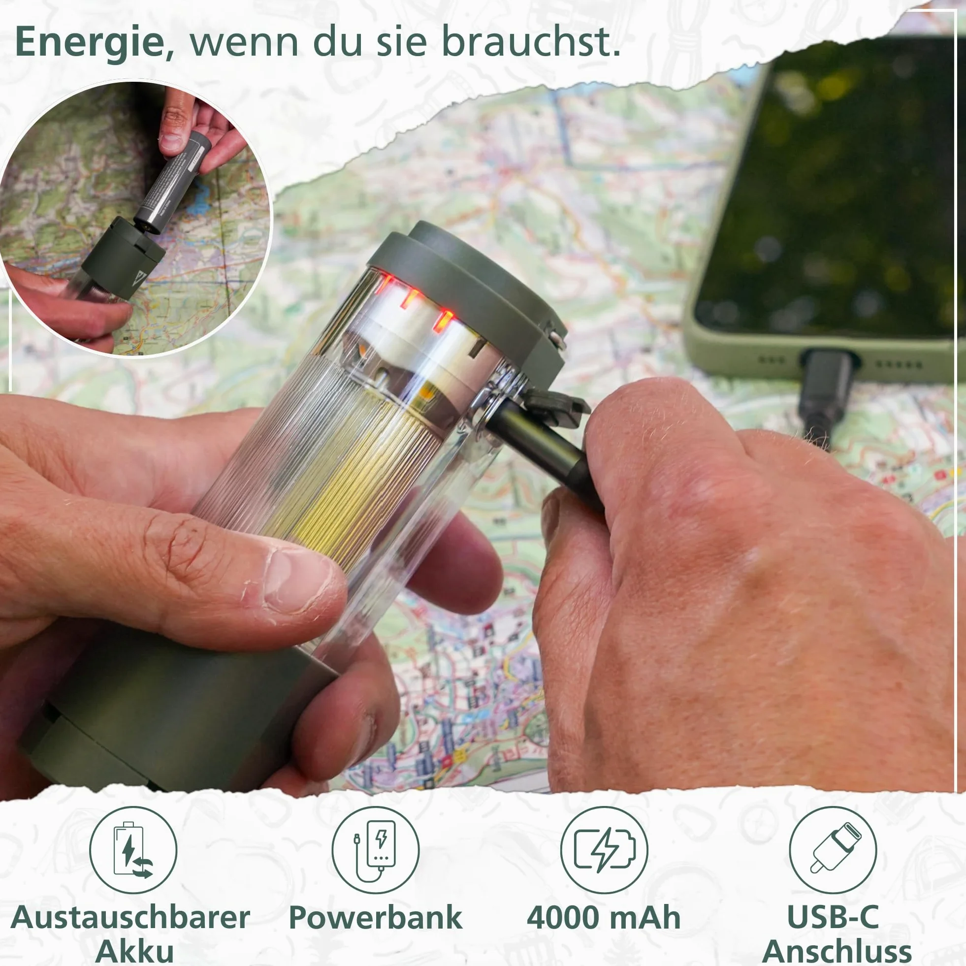 Acta Berg Lámpara LED de camping de 450 lúmenes – recargable con batería y banco de energía (4000 mAh), hasta 150 h de autonomía, IP44 resistente al agua, lámpara de tienda de campaña, linterna y