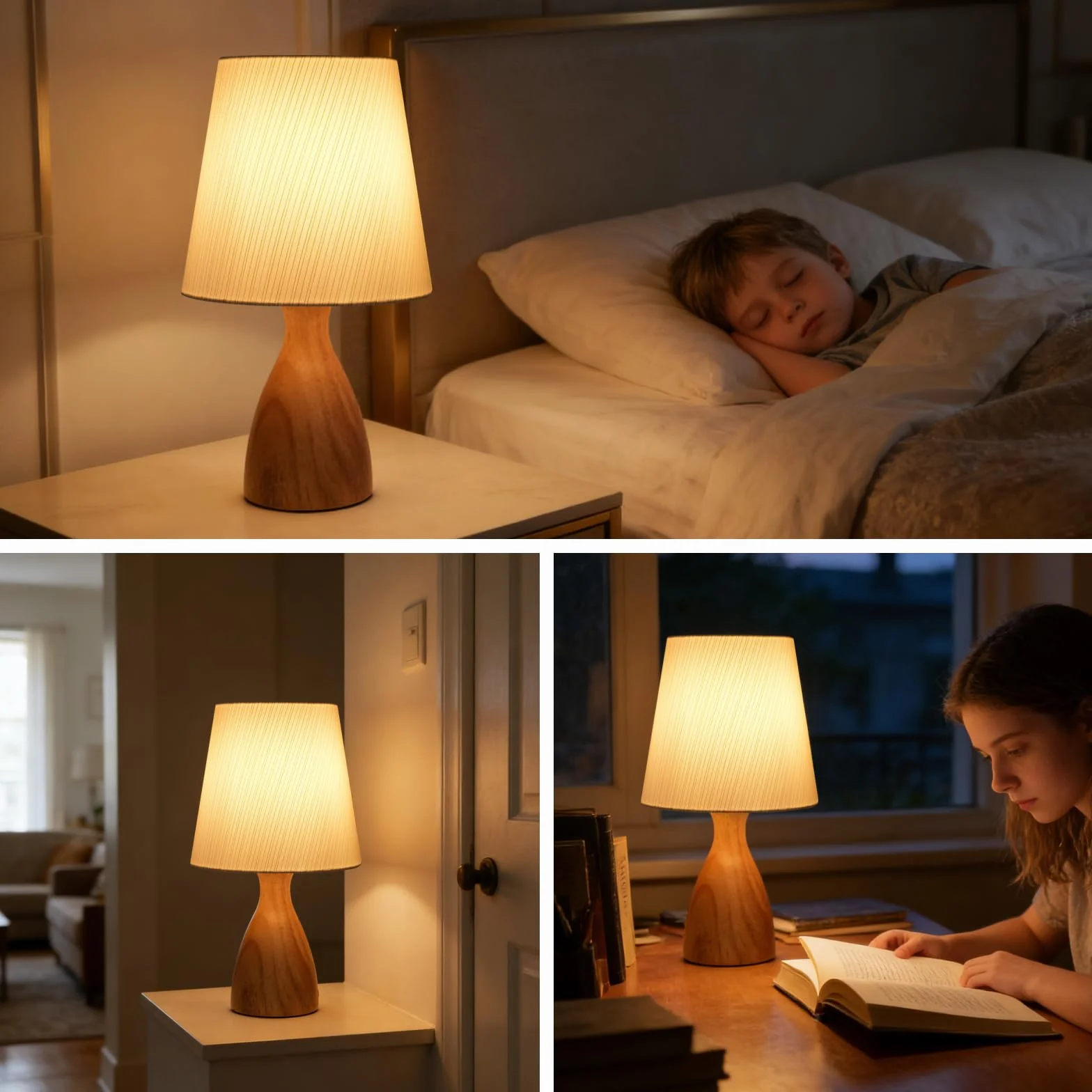 Lámpara de Mesita de Noche, Pantalla de Tela de Lino Beige, 3000K Blanco Cálido, Bombilla LED E14 Incluida, 1 Pieza