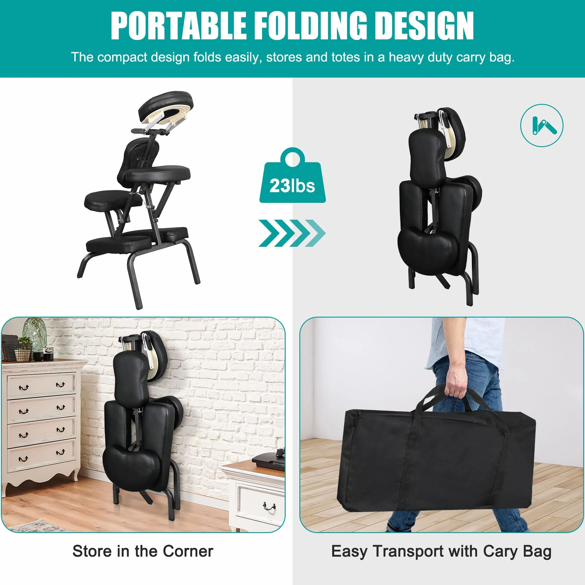Silla de Masaje Portátil Ligera con Bolsa de Transporte, Negra