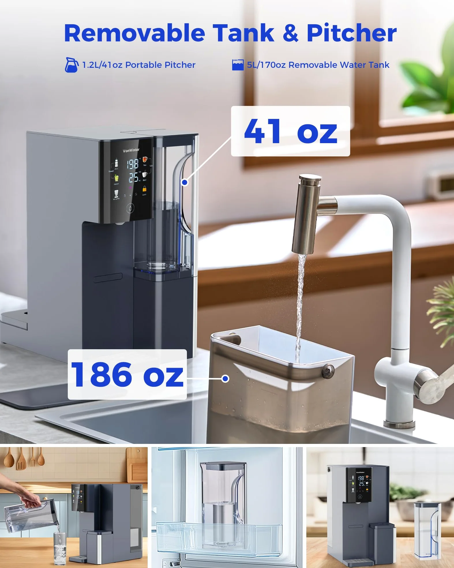 CT910H Encimera de filtro de agua de ósmosis inversa, sistema de filtración de agua caliente instantánea 3S, purificador de agua de 7 etapas con jarra extraíble, NSF/ANSI 372, reduce TDS PFAS