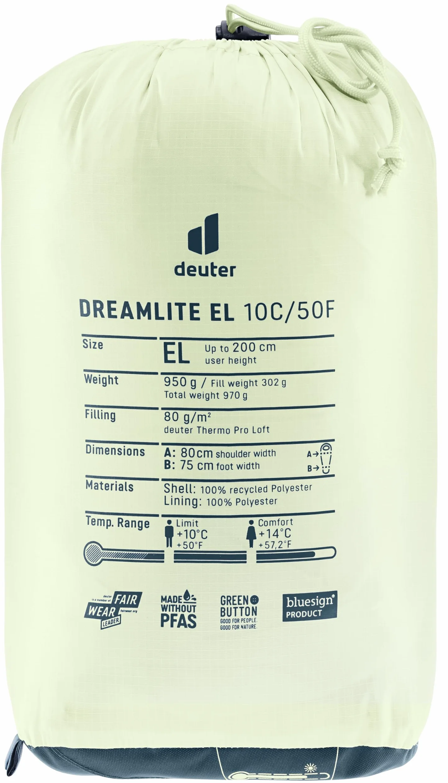 deuter Dreamlite EL 10C/50F - Extra Long (Altura del Cuerpo hasta 200 cm), Saco de Dormir Ultraligero de Fibra sintética