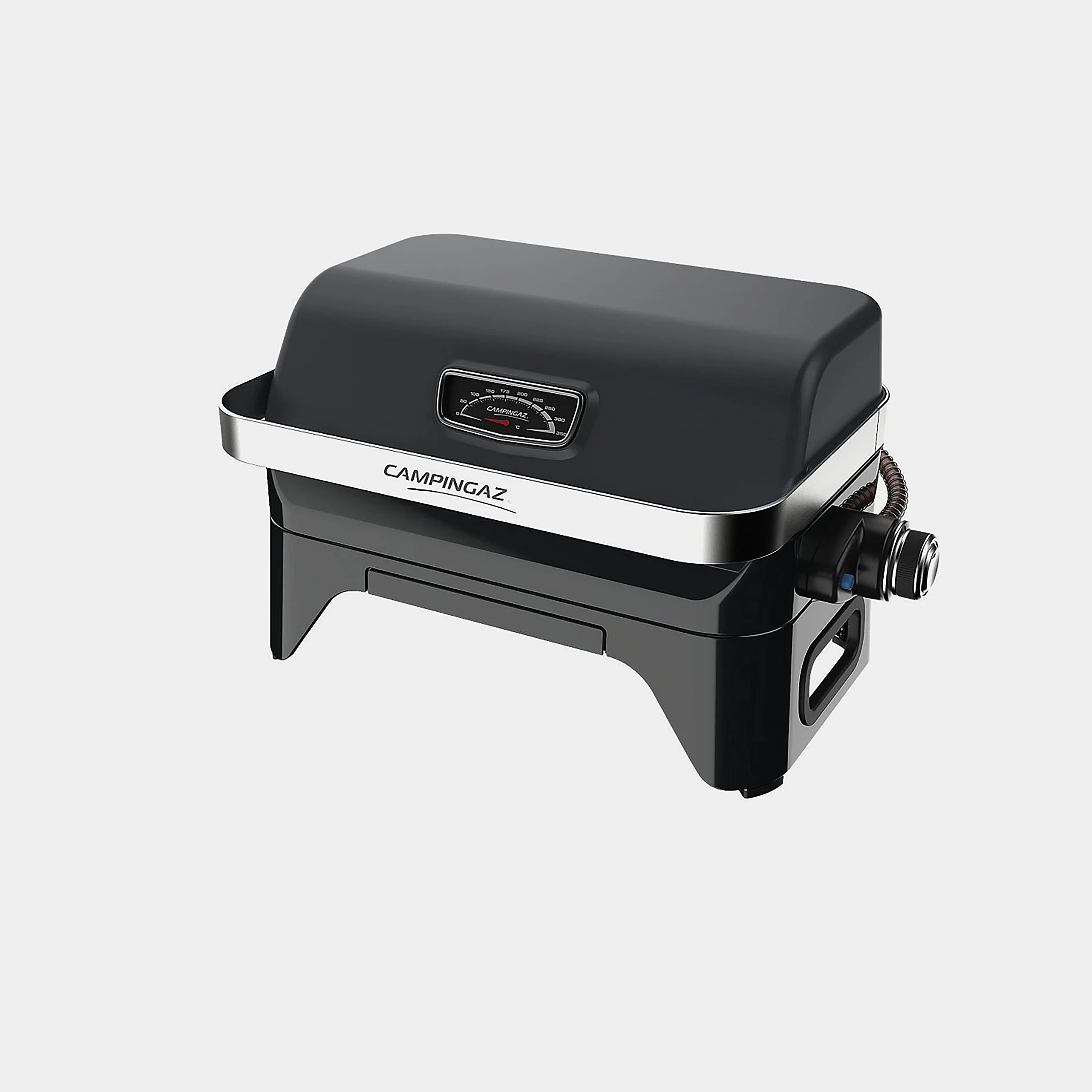 CAMPINGAZ Barbacoa de gas Attitude2go CV, barbacoa de mesa de bajo humo, BBQ de gas portátil, con tapa, termómetro, y rejilla de hierro fundido, fuente de alimentación: cartucho de gas CV 470 Plus