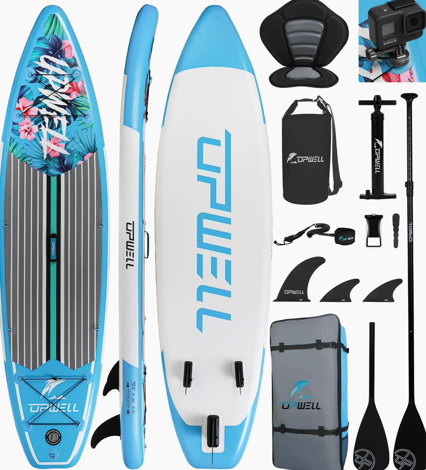UPWELL 320 cm/335 cm Stand Up Paddle Board Sup inflable con sup Accesorios incluidos asiento para kayak, mochila, remo 2 en 1, correa, bomba de mano, aletas