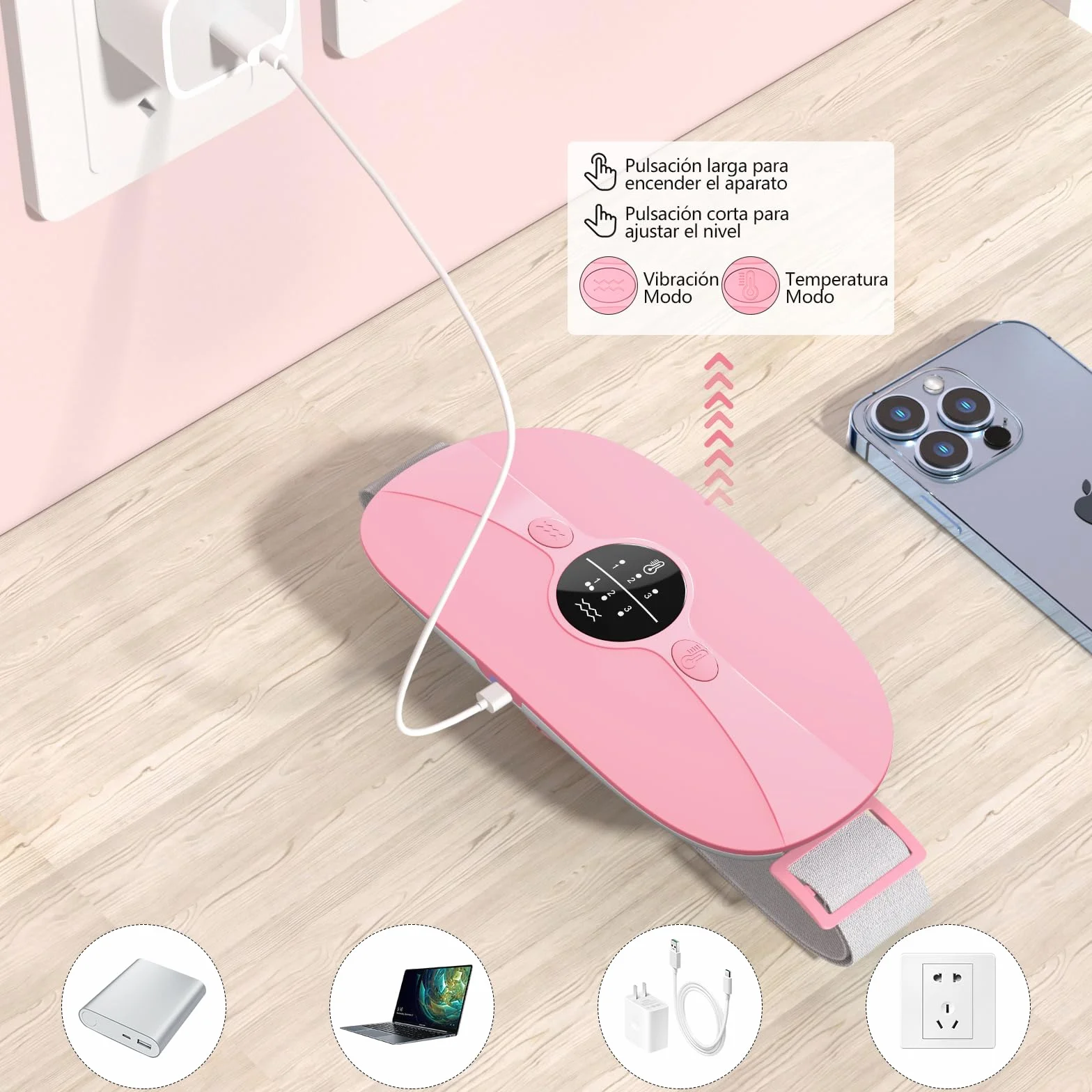 Almohadilla térmica menstrual, Cinturón de Calentamiento Eléctrico USB para el Vientre, 3 Niveles de Calor y 3 Modos de Masaje, Soporte de Espalda Calentado para Alivio Dolor Menstrual (Rose)