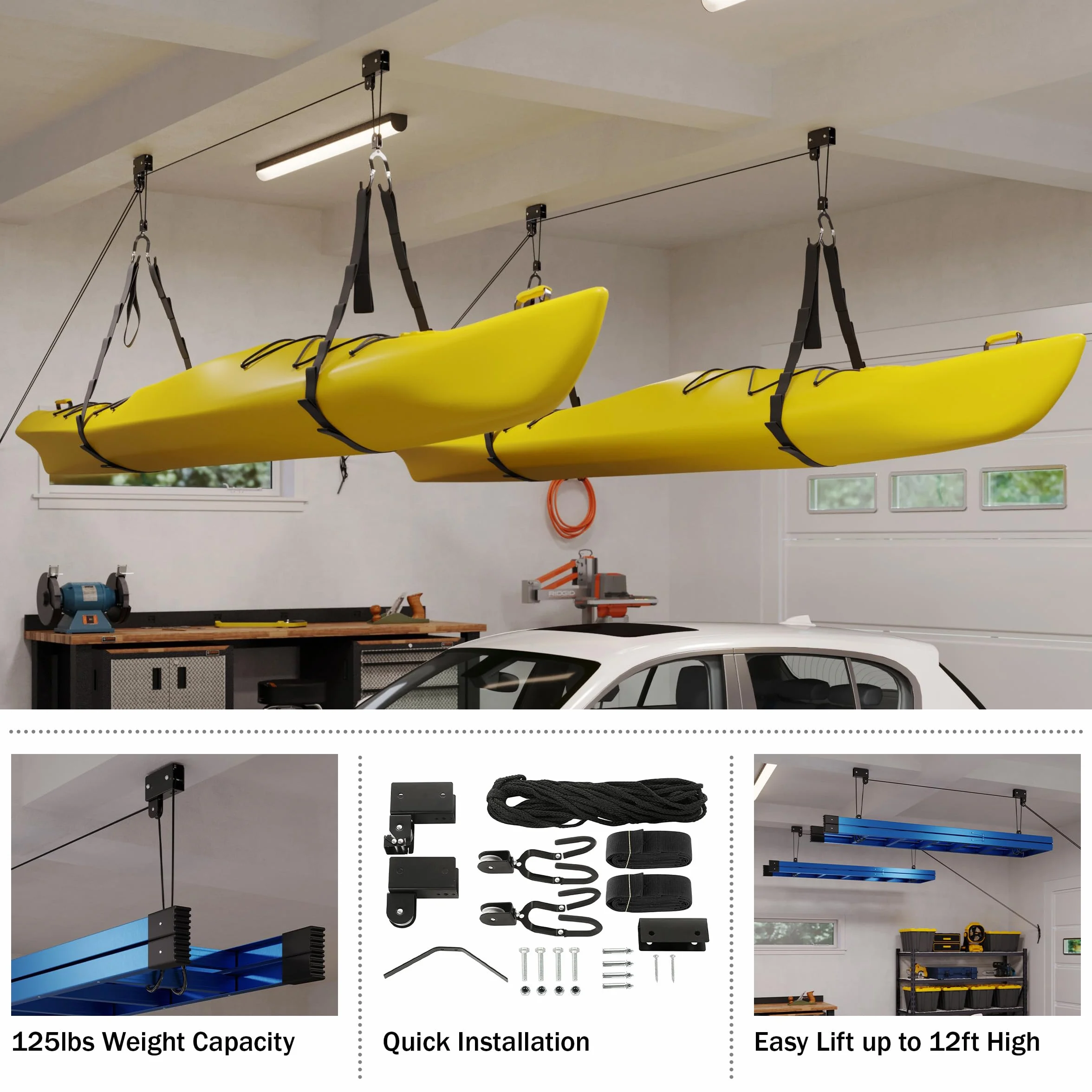 RAD Sportz Juego de elevación para Kayak, Sistema de polea 125 Libras, Negro, Paquete de 2