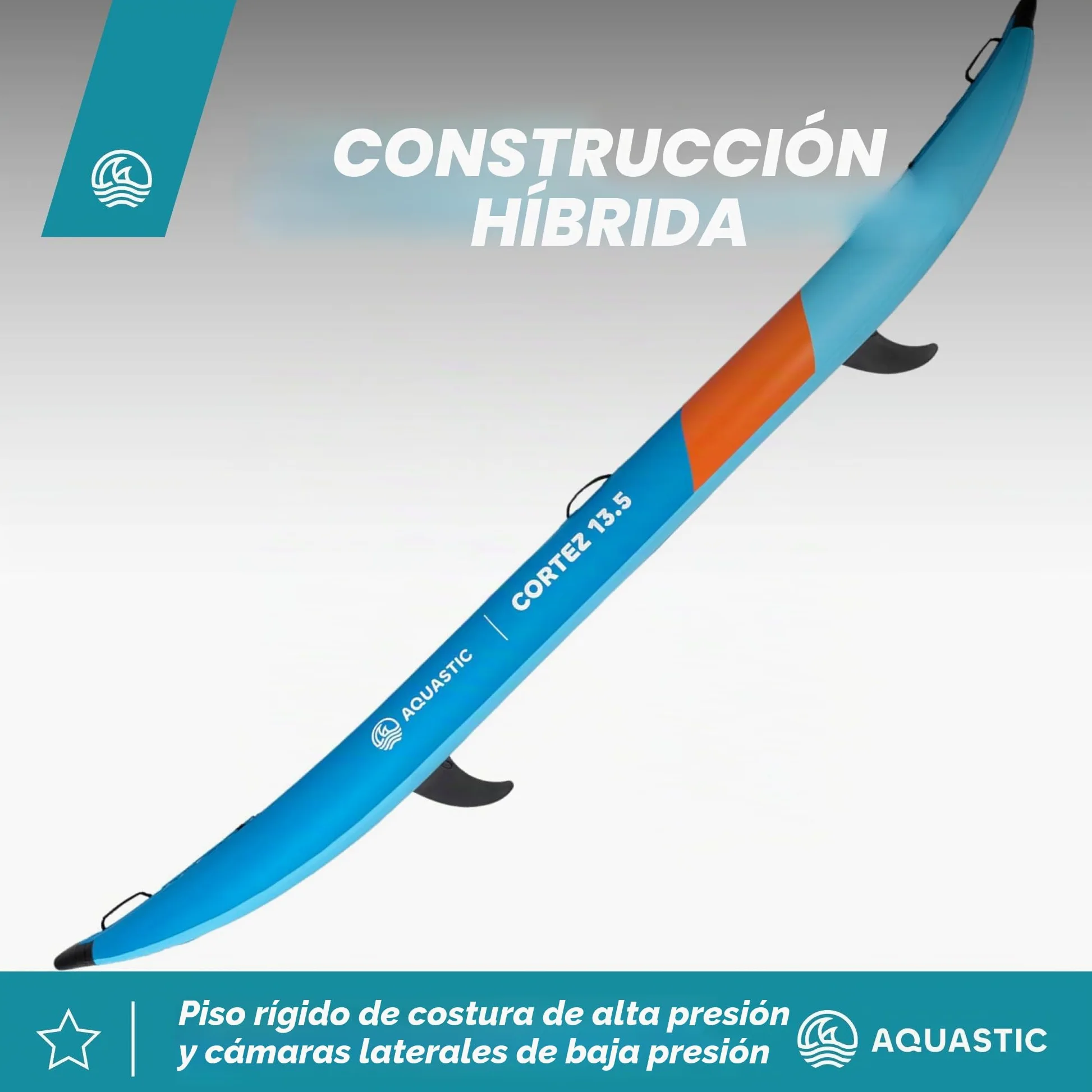 AQUASTIC Cortez - Kayak Hinchable para Dos Personas, 3 cámaras, Capacidad de Carga de hasta 180 kg, Juego de Mochilas, paletas, Asientos, Bomba, Aletas, Estable