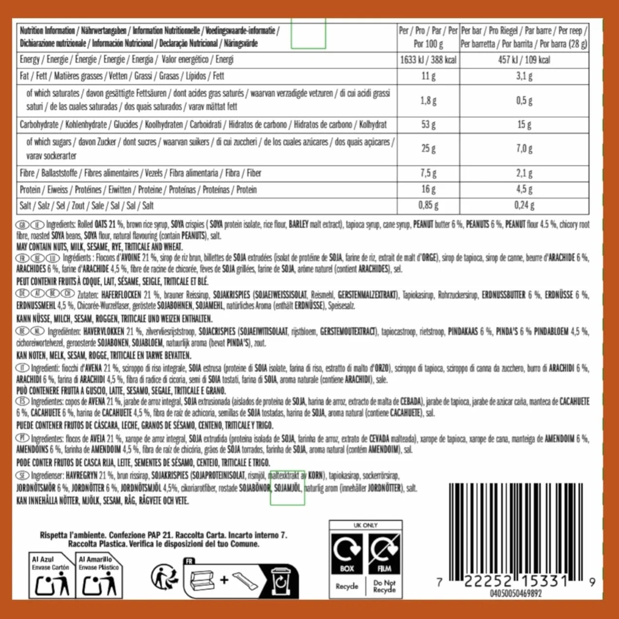 CLIF BAR Minis Snack Bar Crunchy Peanut Butter Proteínas Vegetales 10 x 28 g