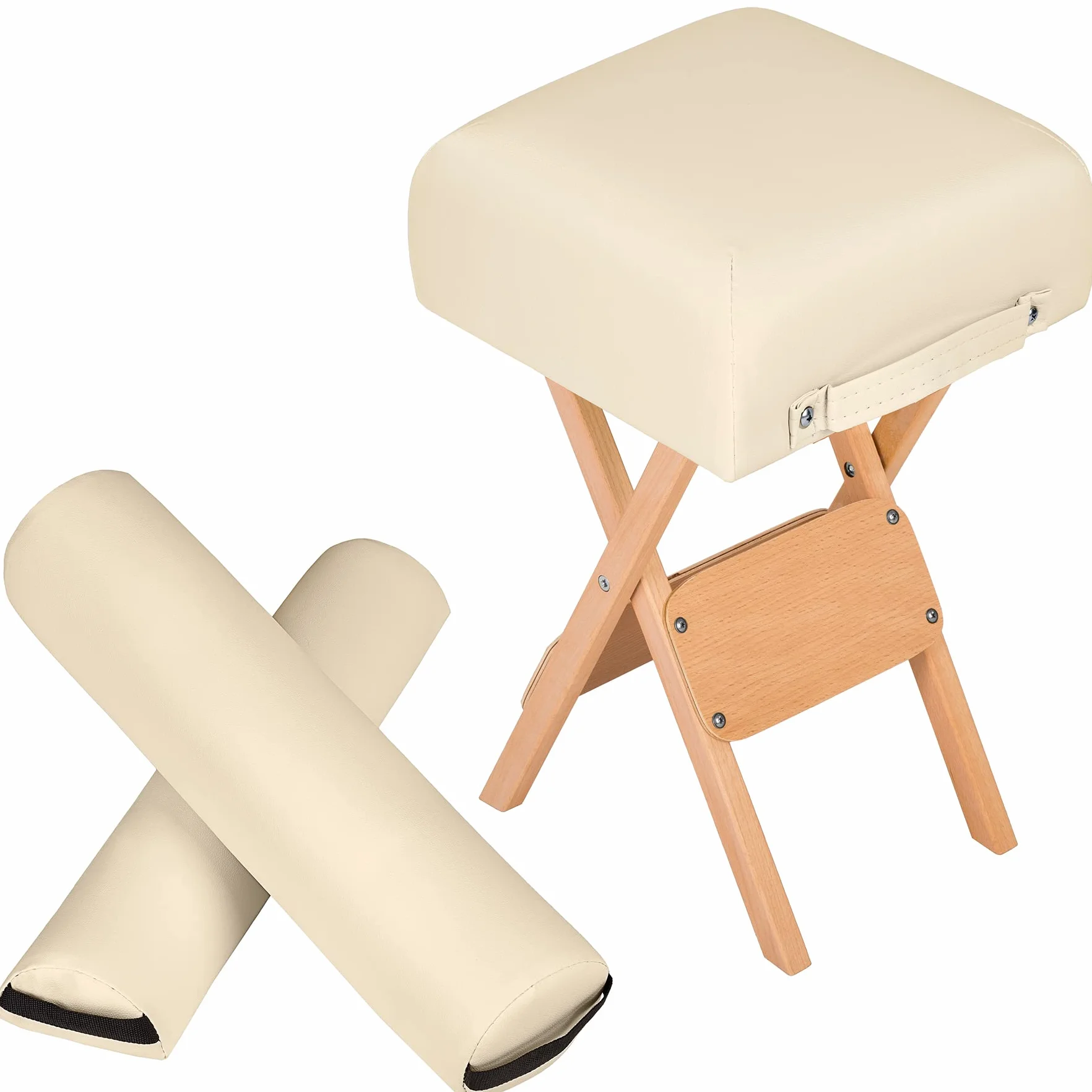 Tectake Taburete Plegable con Asiento Acolchado y Funda de Cuero Sintético, Accesorios Camilla Masaje, Beige