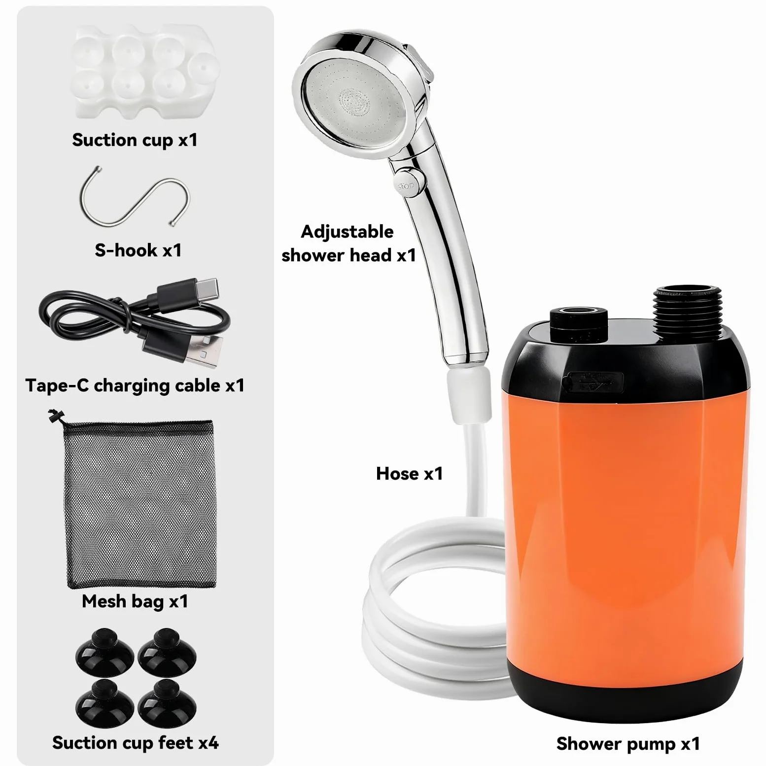 Ducha de Camping portátil con batería y Bomba, Pantalla inteligente bomba de agua autocebante ajustable de dos niveles con manguera de ducha y accesorios, 6000 mAh, valor Wh 22.2.