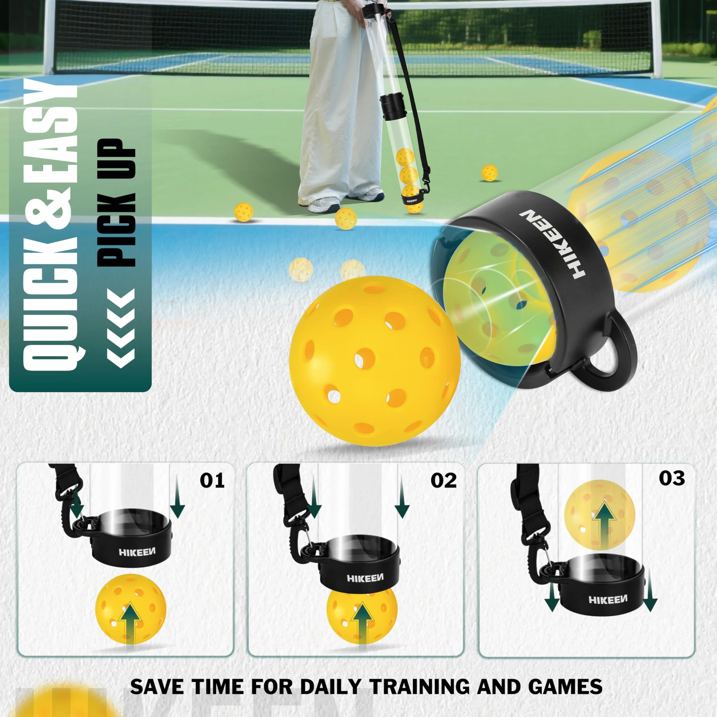 Hikeen Tubo Recuperador Pickleball con 5 Pickleballs, Pickleball Set Portátil con Correa Ajustable para Entrenamiento Pickleball, Accesorios Pickleball para Transportar y Almacenar