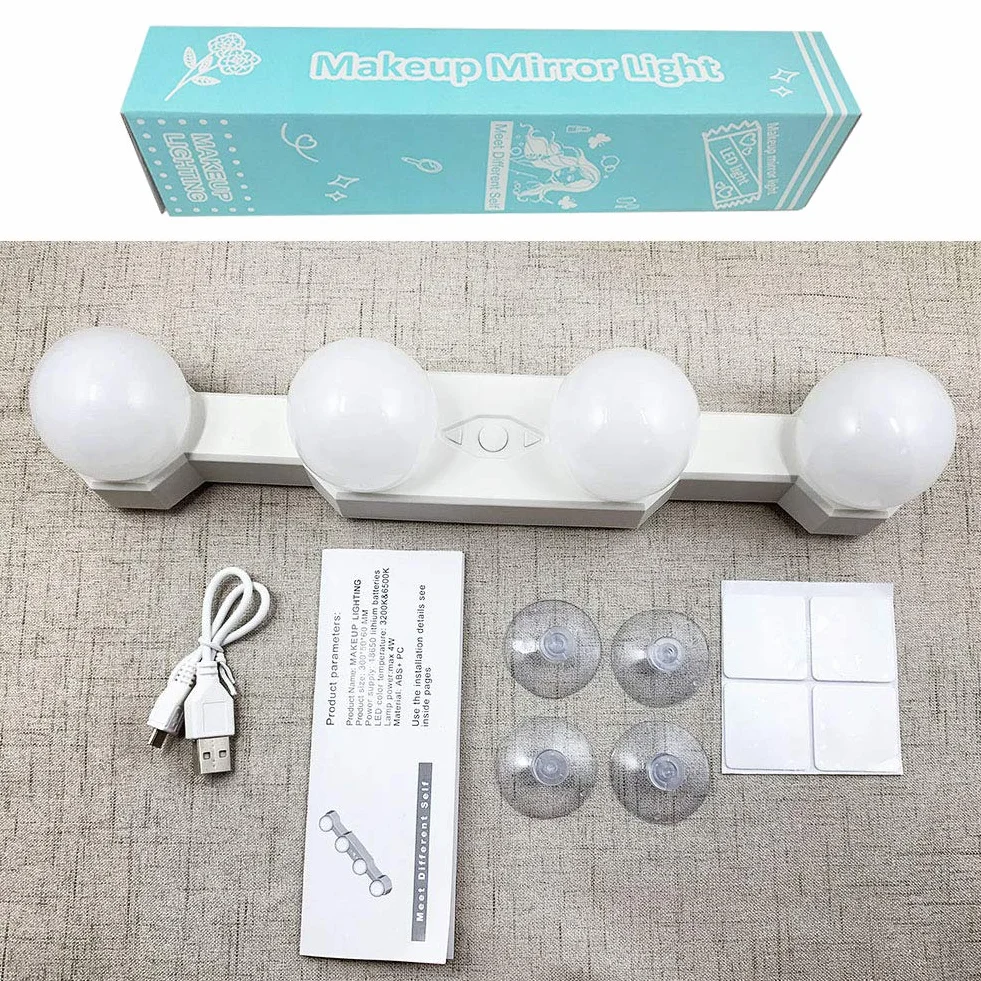 Luces para Espejo de Maquillaje LED Tocador Recargable, 4 Bombillas Regulables Temperatura de Color