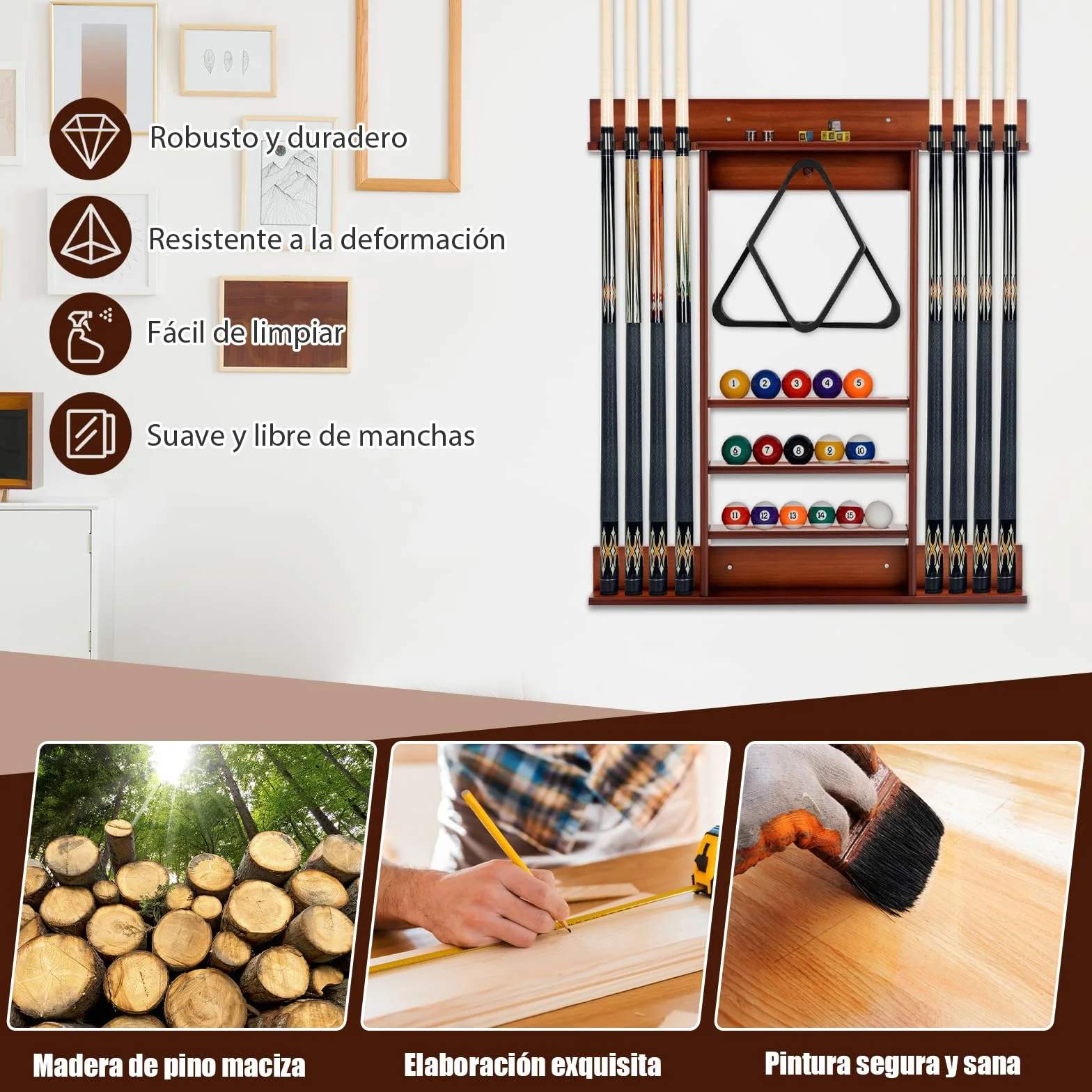 GOPLUS Soporte para Tacos de Billar de Madera de Pino, 8 Tacos, 15 Bolas y Accesorios, Taquera de Pared Marrón