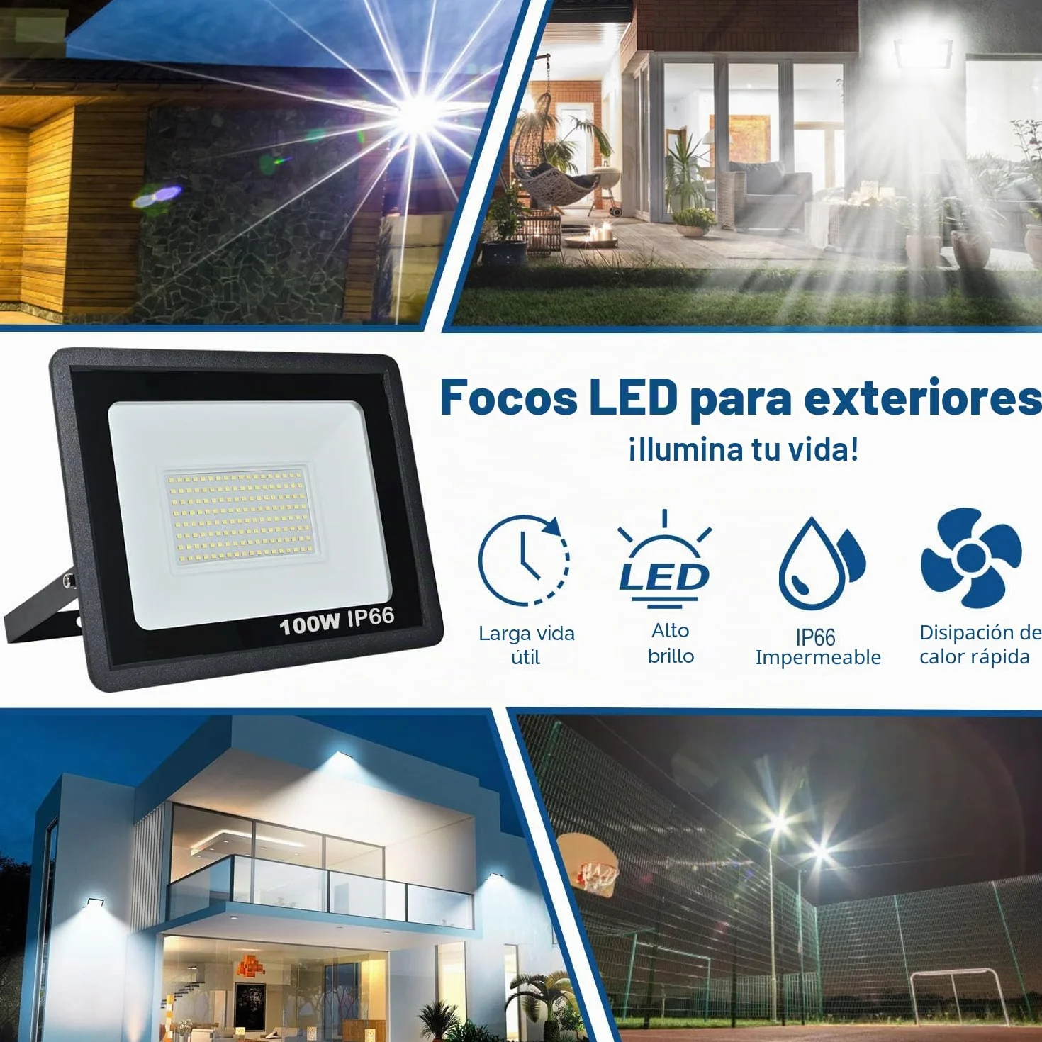 Focos LED Exterior 100W IP66 Impermeable Blanco Frío 6500K 10000 Lumen Floodlight