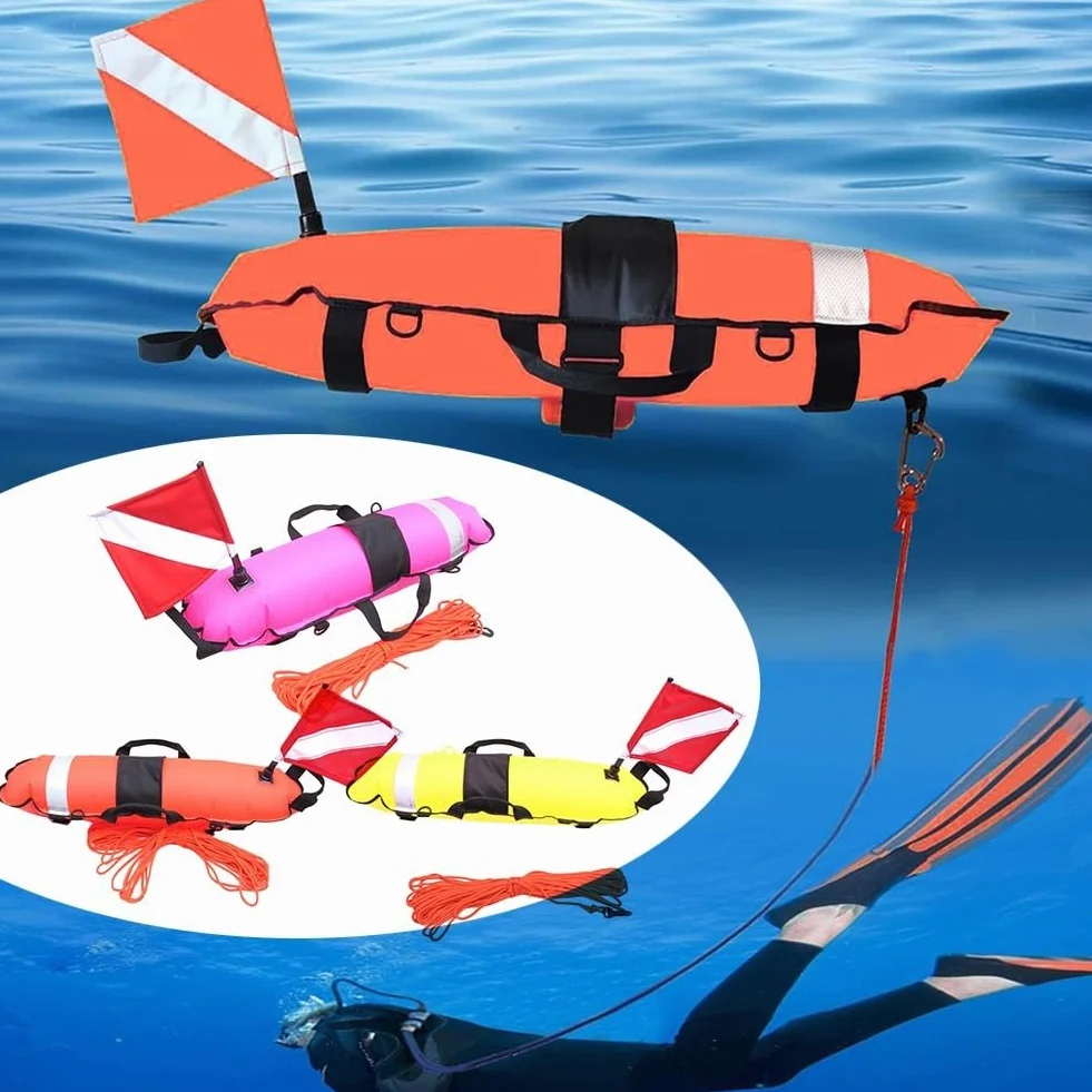 Boya flotante de pesca submarina con bandera de buceo y cuerda de 25 m para esnórquel de buceo, 83 x 25 x 25 cm, boya inflable de nailon 210D, amarillo, rojo o rosa (rojo)