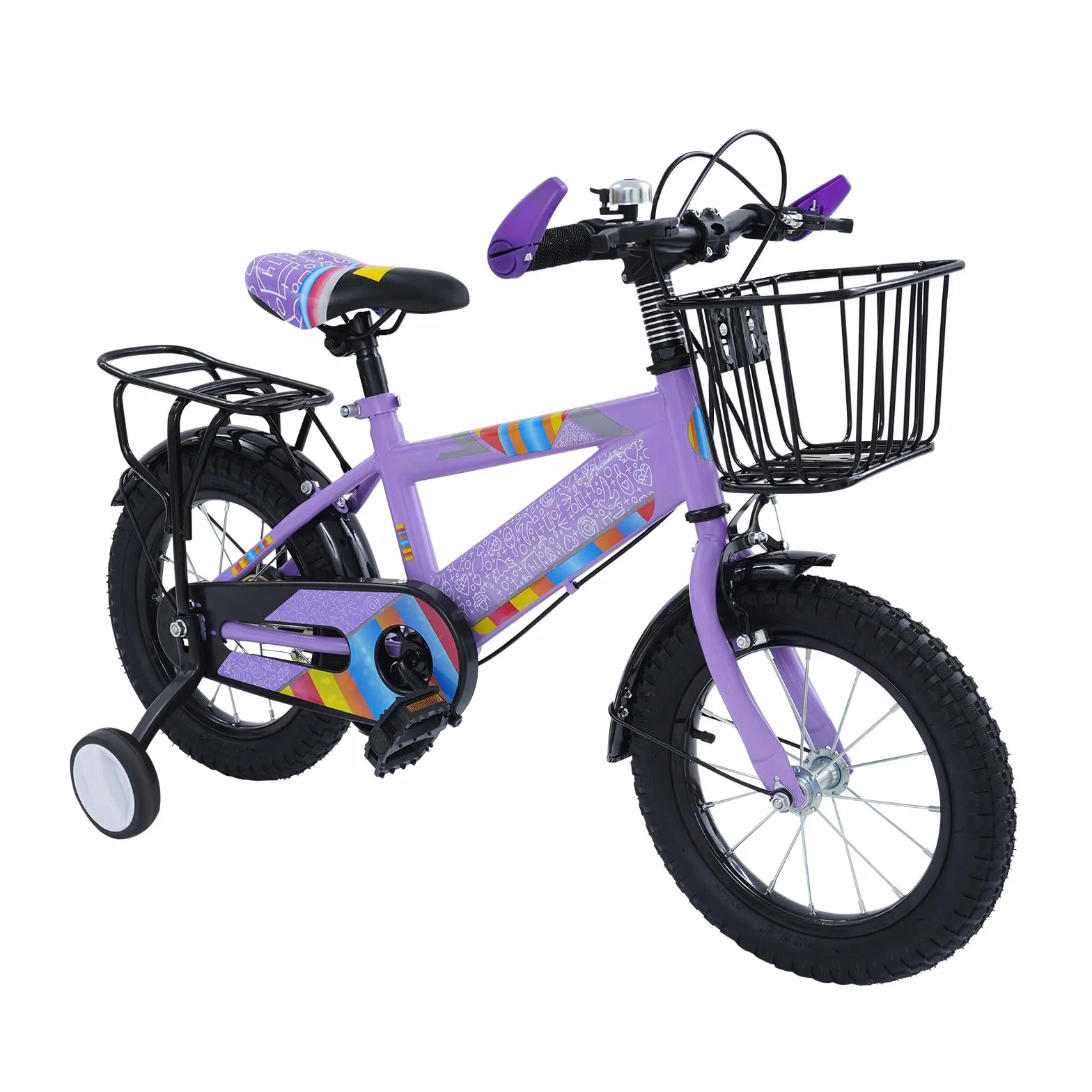 Bicicleta infantil de 14 pulgadas, con asiento trasero, bicicleta para niños con cesta y ruedas estabilizadoras con sistema de frenado dual para niños y niñas, a partir de 3 años, altura