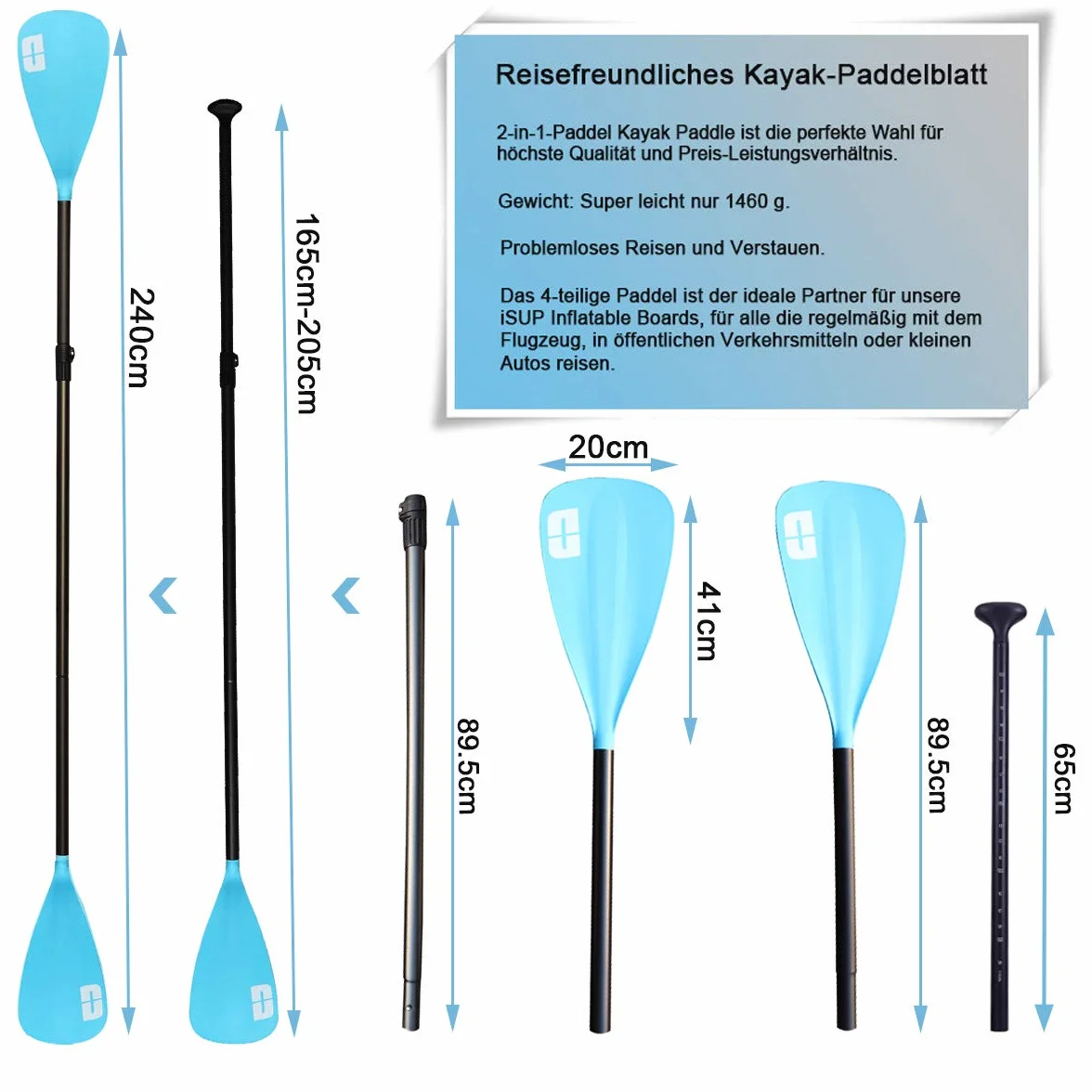 DURAERO SUP - Remo de 4 piezas para tabla de remo de remo de pie y kayak, azul, 165 cm - 240 cm