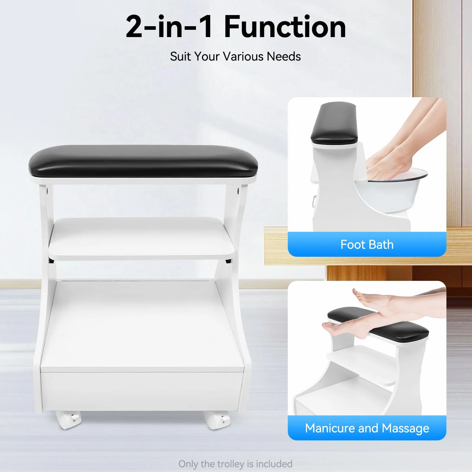 Taburete Pedicuro con Reposapiés, Mueble Rodante para Cuidado de los Pies, Bandeja y Almacenamiento, Negro
