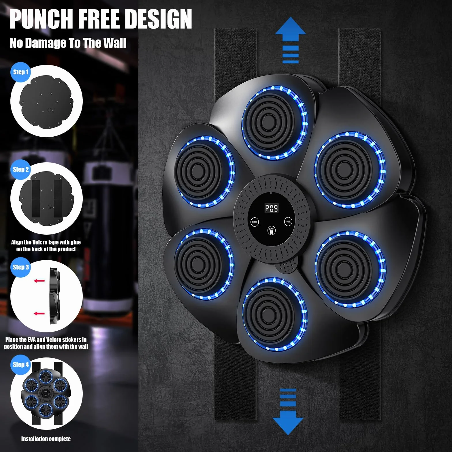 Máquina De Boxeo, Boxeo Pared Musical, 9 Modos De Velocidad De La Música Boxing Máquina con Guantes De Boxeo,Smart Bluetooth Music Boxeador Electrónico, Led Boxeo De Pared Música para Adultos