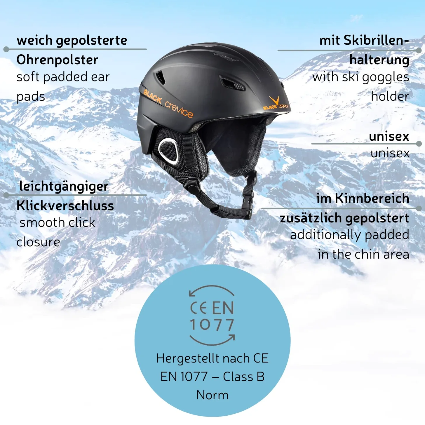 BLACK CREVICE Casco de esquí Kitzbühel I Casco de esquí de diseño Deportivo para Hombre y Mujer I Casco de esquí de policarbonato Transpirable I Talla Ajustable