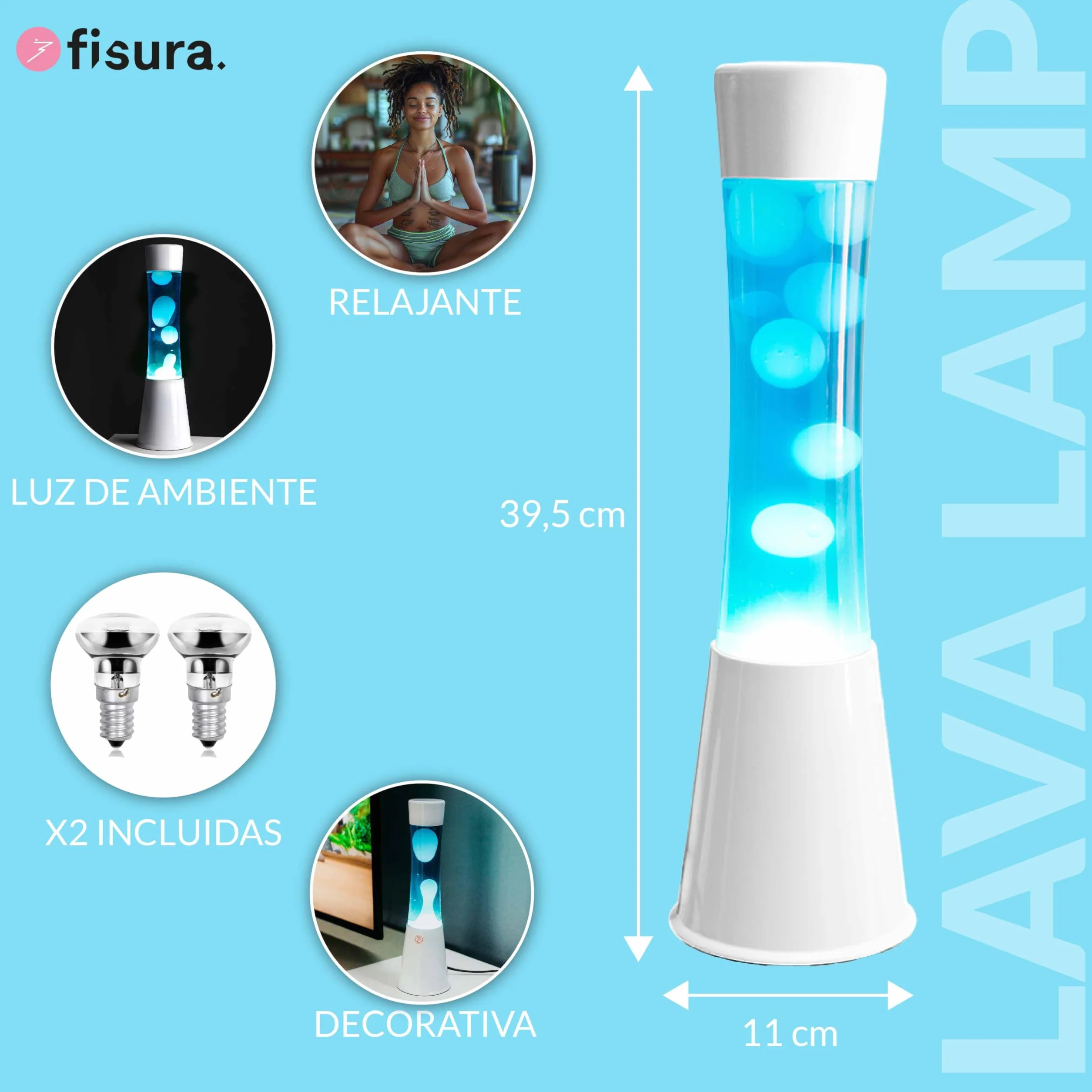 Fisura Lámpara de lava blanca y azul años 70 11x11x39,5 cm