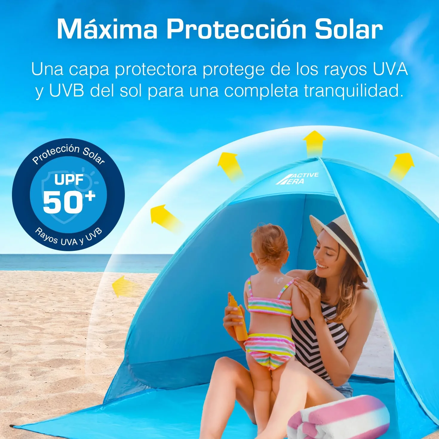 Active Era Tienda de Playa Carpa Plegable 2 Personas FPS 50+ Protección Solar UV - Incluye Bolsa de Viaje & Piquetas para Tienda - Tienda Playa Bebe