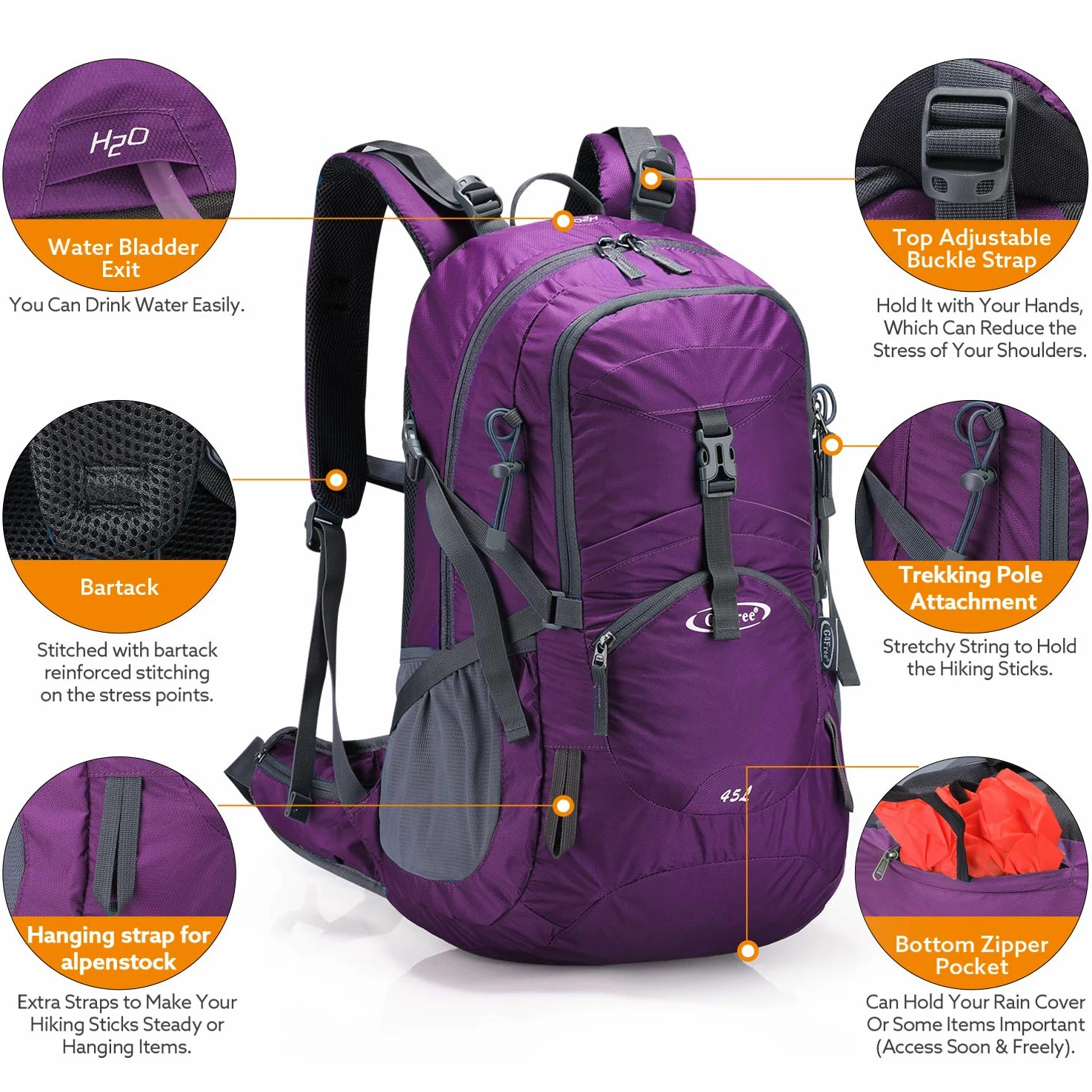 G4Free Mochilas de senderismo de 45 litros con cubierta para la lluvia, impermeable, mochila de senderismo, mochila de viaje al aire libre, camping, montañismo, senderismo, para hombres y mujeres