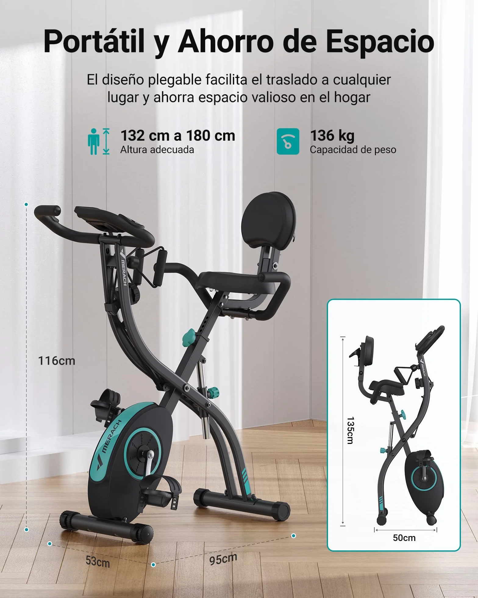MERACH Bicicleta Estática 4 en 1 con App Entrenamiento, Bicicleta Estatica Plegable Silenciosa, Resistencia Magnética de 16 Niveles, Banda de Resistencia, Pantalla LCD, Medición Pulso, Asiento Cómodo