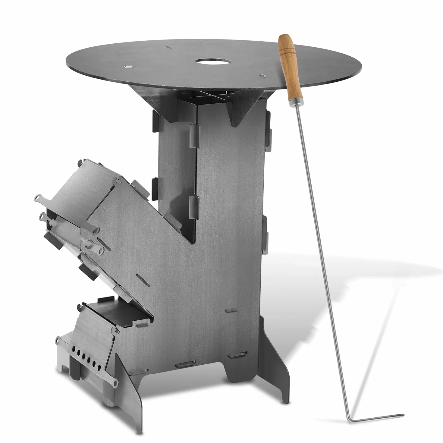 Horno de cohetes incl. plancha de parrilla Horno de cohetes con ganchos de fuego y 2 pies de soporte adicionales Hornillo de camping de acero macizo de 3 mm de espesor Hornillo de camping