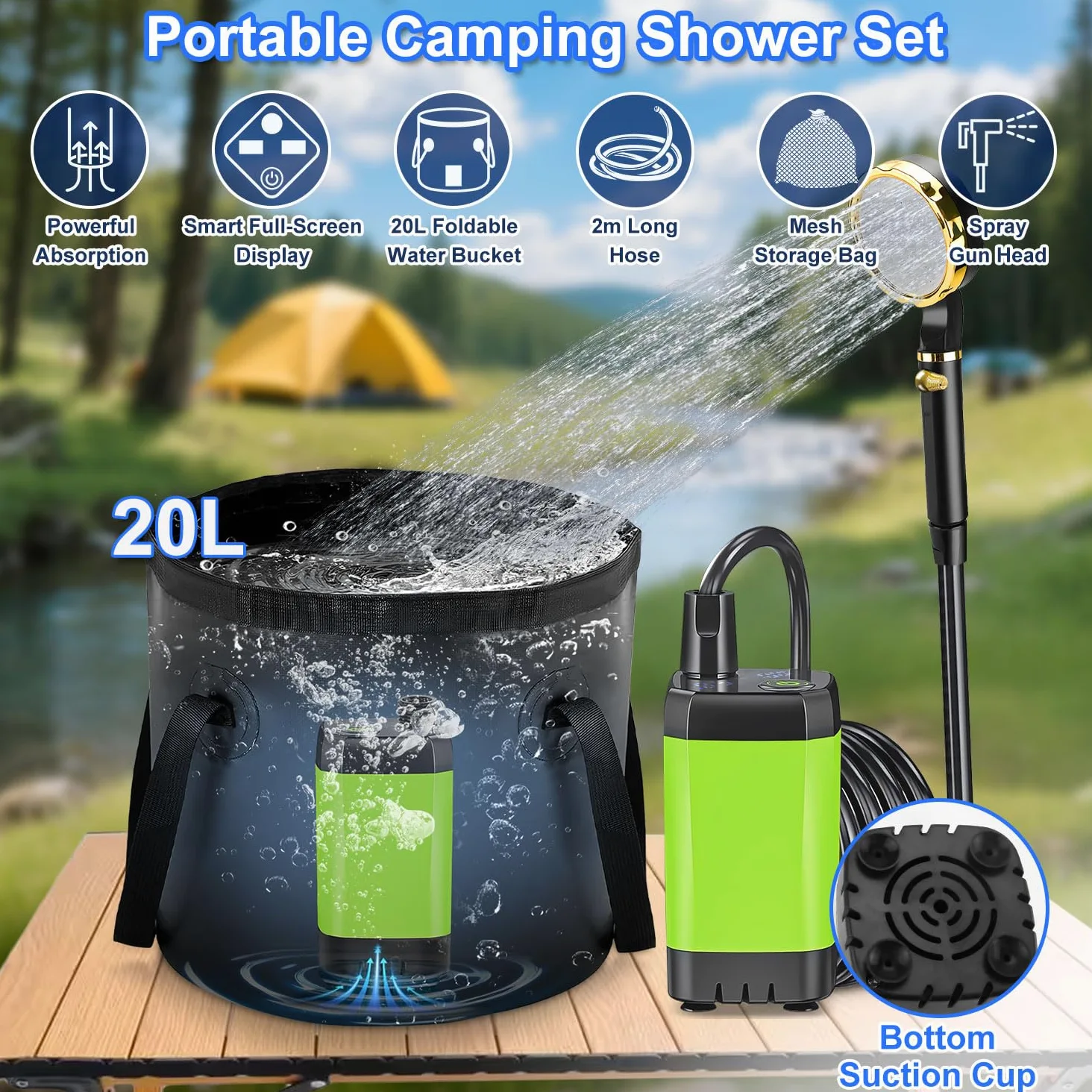Anesty Kit de ducha portátil para camping, bomba de ducha portátil recargable de 6000 mAh con pantalla inteligente, cubo plegable de 20 L y accesorios para senderismo al aire libre, viajes, coche