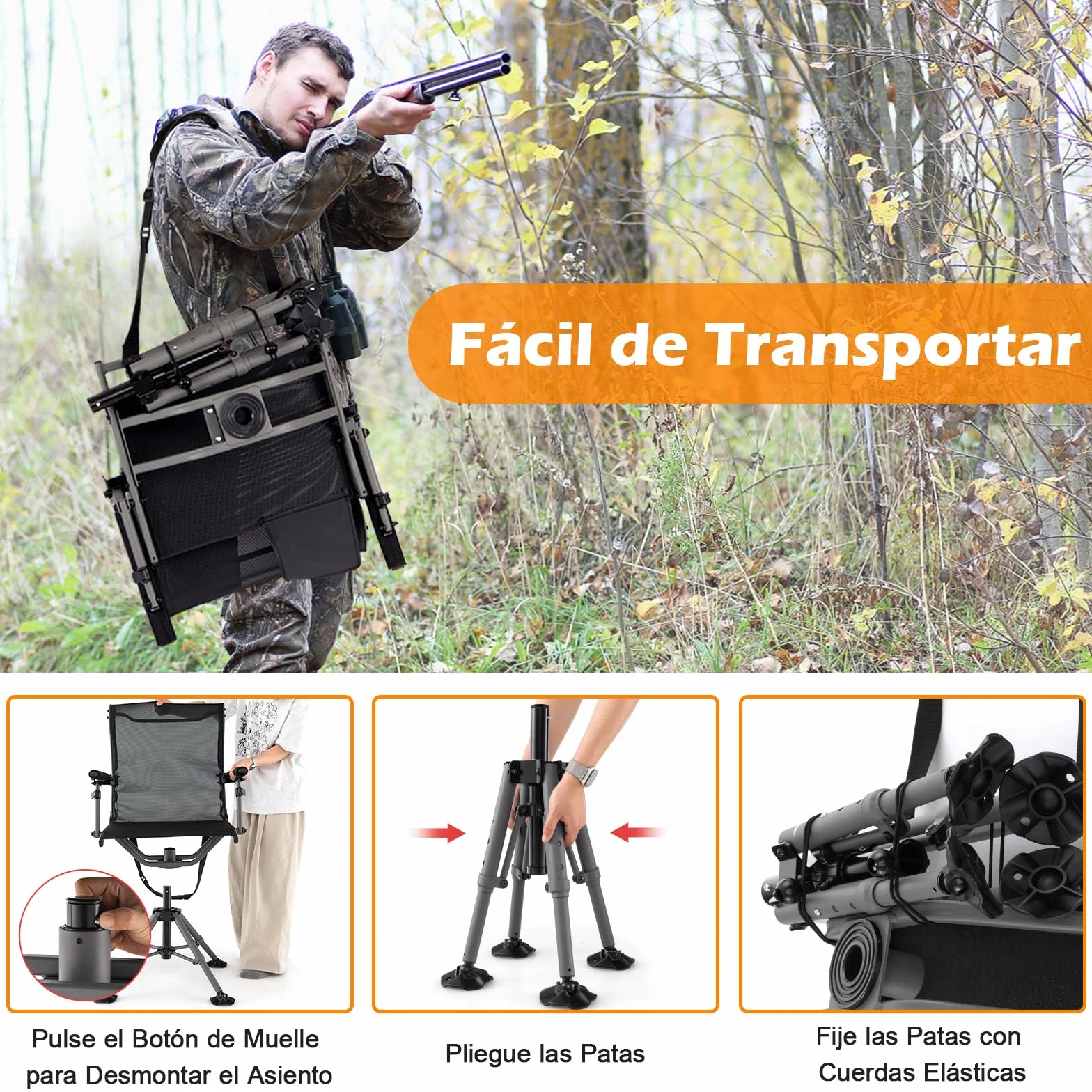 GOPLUS Silla de Caza Giratoria 360°, Silla Plegable con Patas Ajustables y Soporte para Arma, Respaldo Ergonómico y Reposabrazos Cómodos, Bolsillo de Almacenamiento, Sillas Silenciosa para Caza