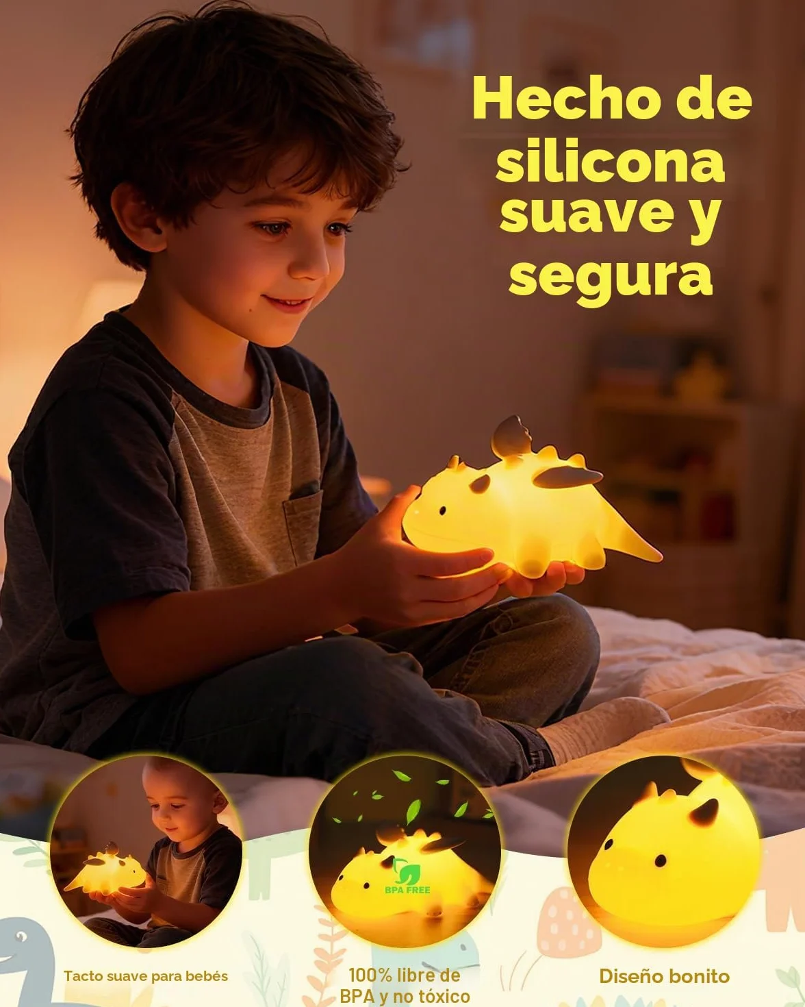 Luz Nocturna Infantil Control Táctil 3 Ajustes Regulables 7 Colores Cambiantes Recargable Lampara Bebe Noche