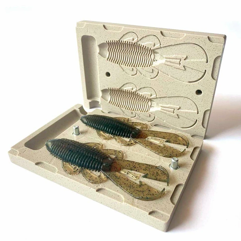 Smedioks Molde de plástico suave de, señuelos de pesca, 2 cavidades Googan Bandito Bug de 4 pulgadas | Piedra acrílica mecanizada CNC, canales de ventilación mejorados, fundición sin burbujas, compatible con inyectores estándar