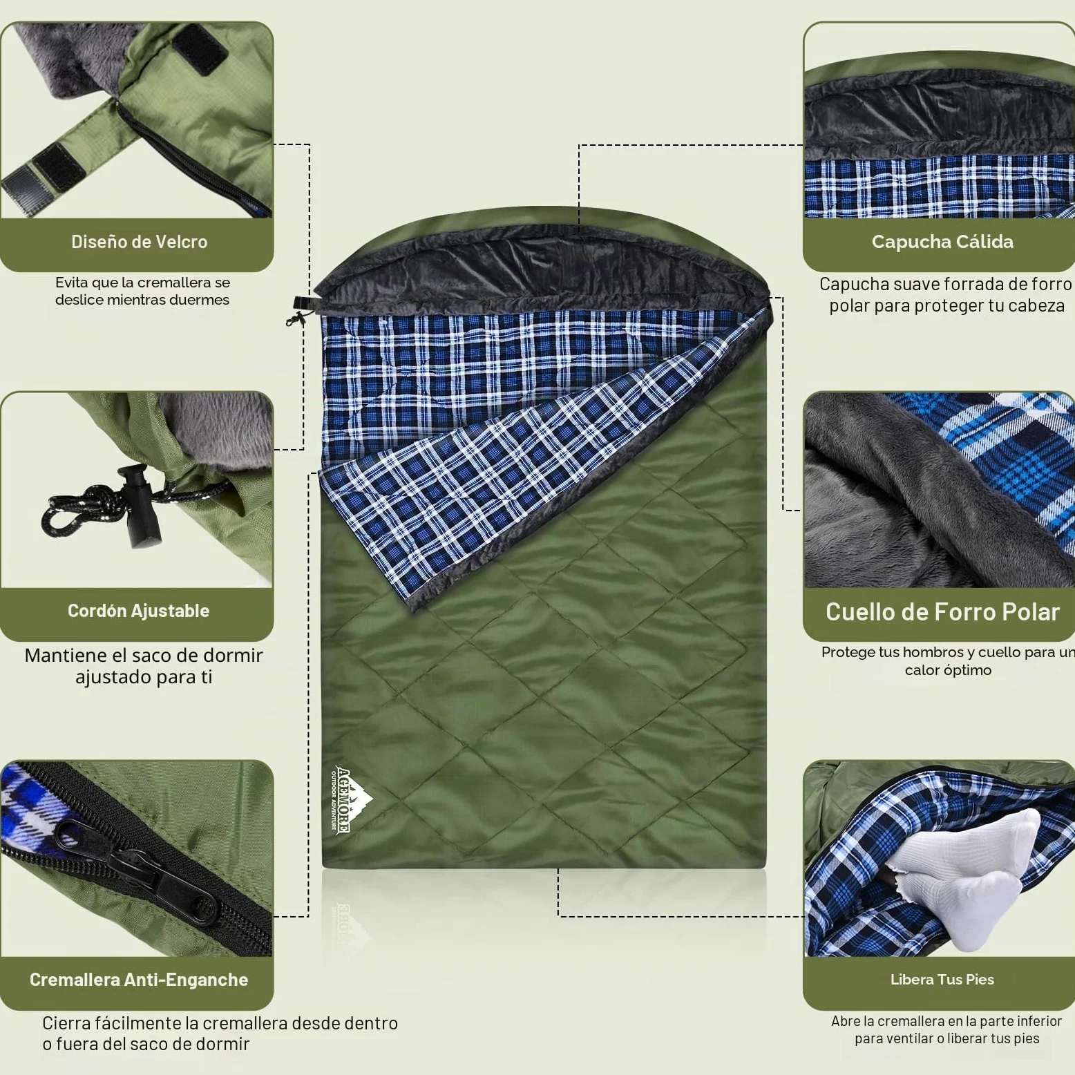 Saco de Dormir Doble de Franela de algodón con Capucha con Forro Polar, Impermeable, tamaño Queen, para 2 Personas, para Adultos, Clima frío, Camping, mochilero o Senderismo, 3-4 Estaciones