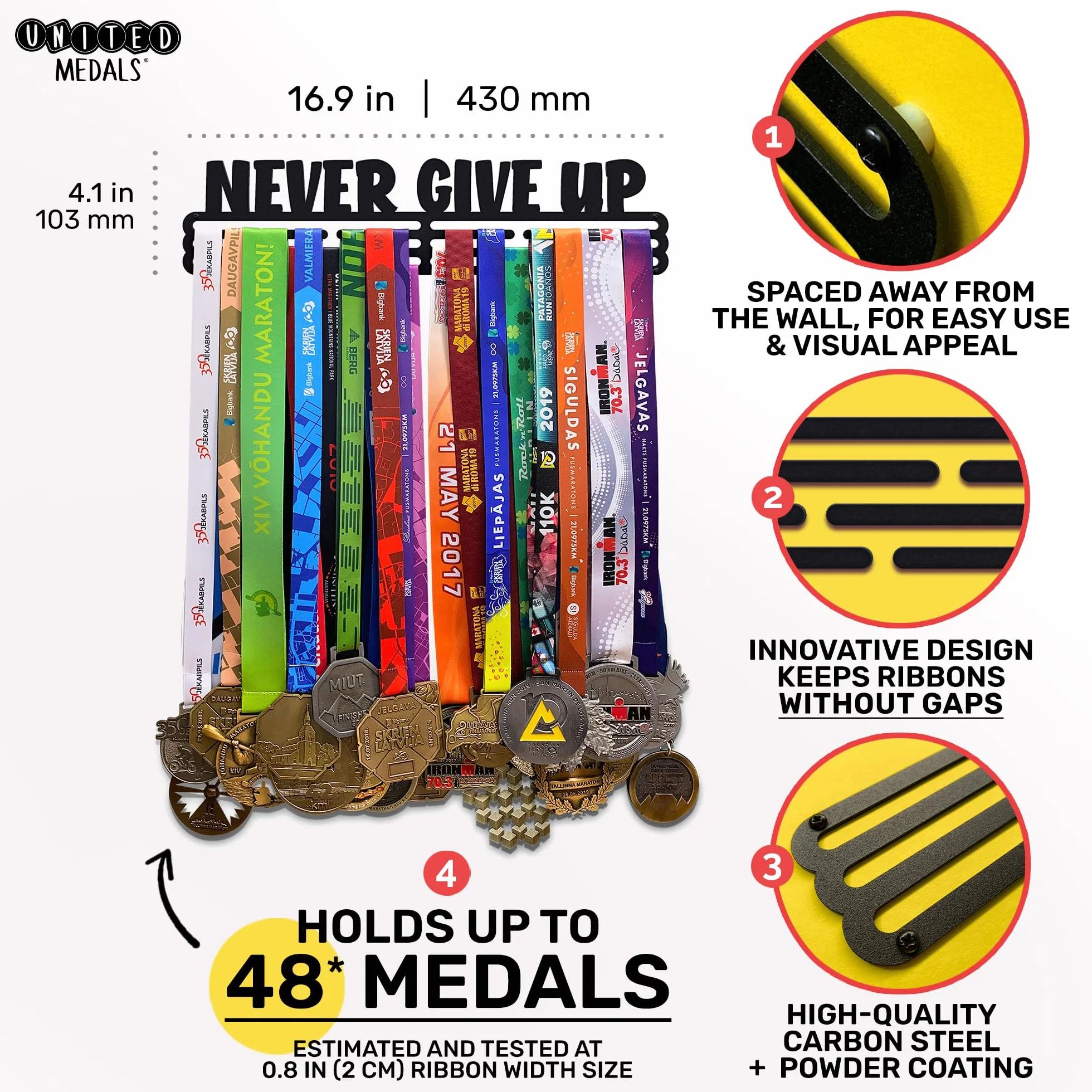 Never Give Up Sports Soporte de Acero para Colgar Medallas, Marco de Montaje en Pared