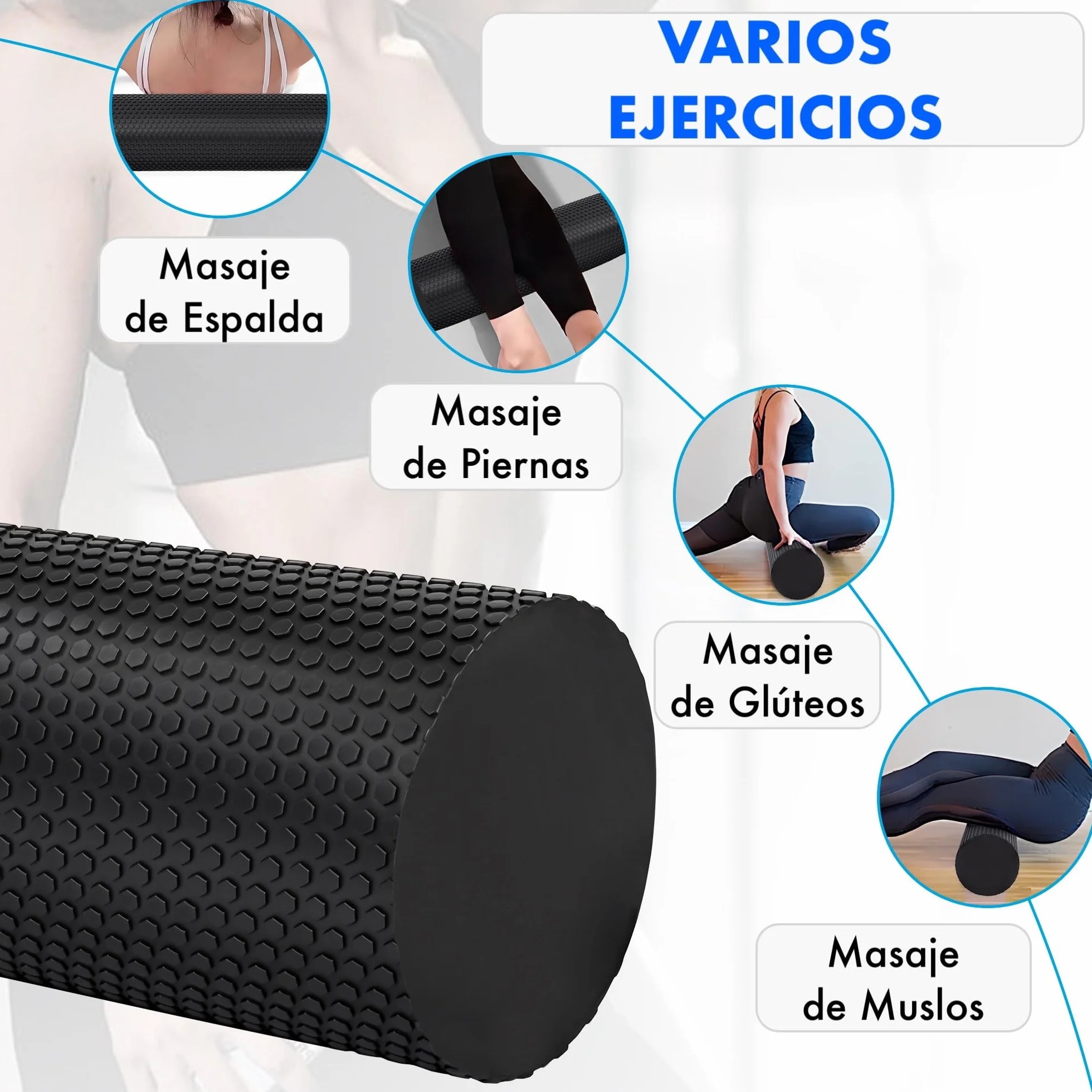 Rodillo de Espuma de Alta Densidad para Masaje Muscular, Yoga, Pilates, Rehabilitación y Fitness - Alivio Miofascial - Varias Medidas - Negro