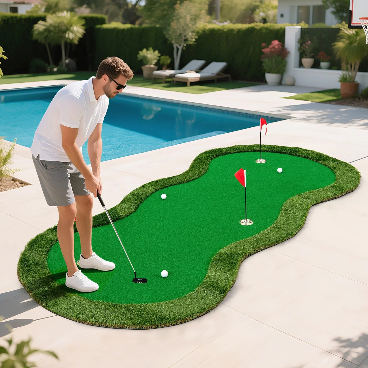 COSTWAY Alfombra de Putting de Golf, 300 X 150 CM, 3 Hoyos, 3 Banderas y Tazas, Tapete de Golf, Putting Mat Interiores Exteriores