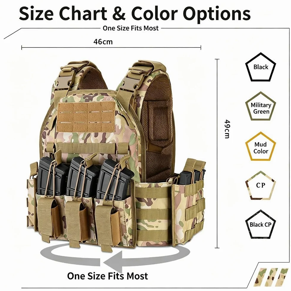 Chaleco Táctico Airsoft,Ajustable con Sistema MOLLE y Liberación Rápida, Chaleco Ligero y Transpirable con Bolsillos Modulares para Paintball Senderismo Caza Camping Outdoor